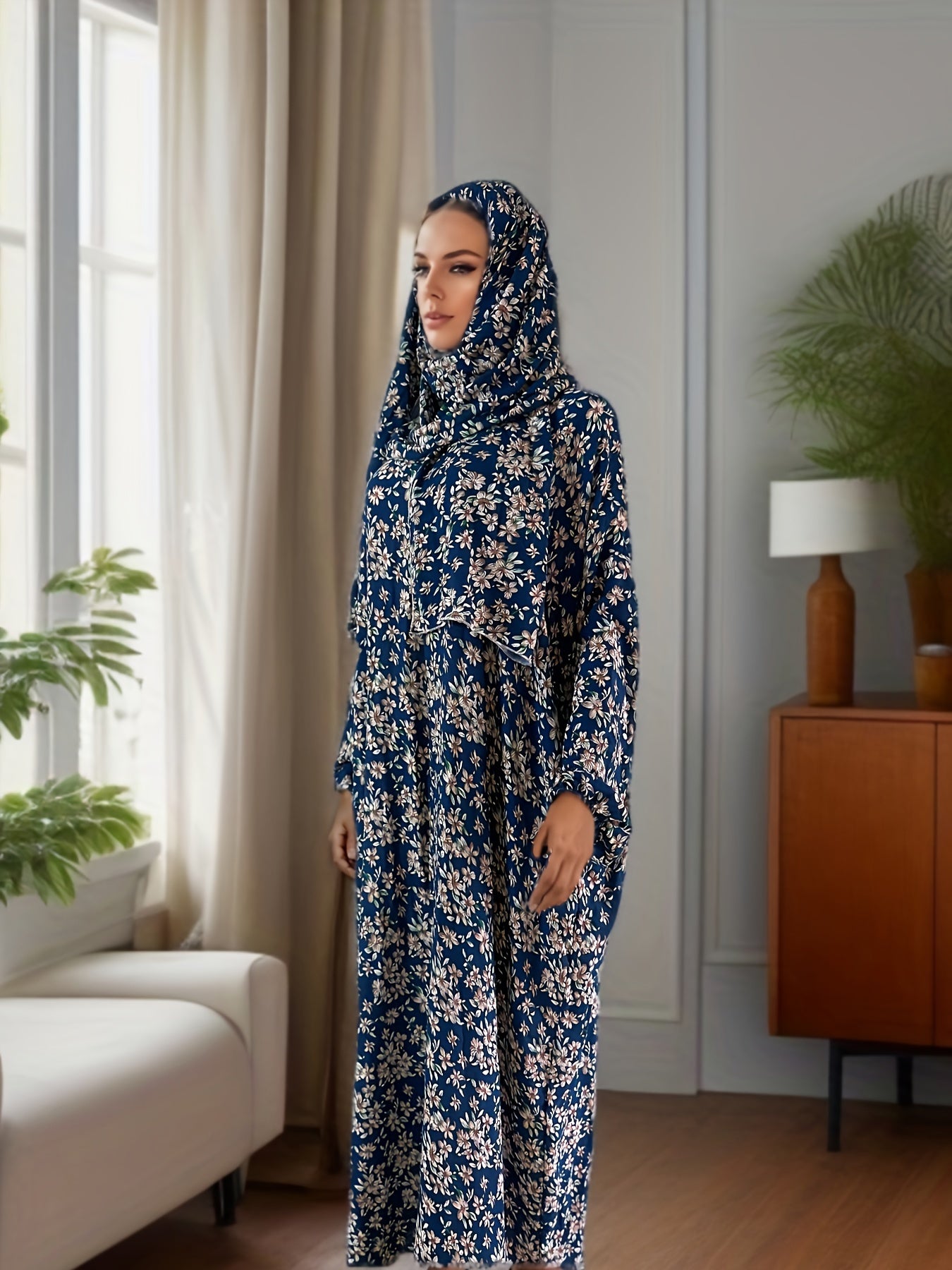 Ramadan Plus Size Floral Print Modest Jibab Abaya Dress, Modest Long Sleeve Maxi Dress With Hijab, Women's Plus Size Clothing