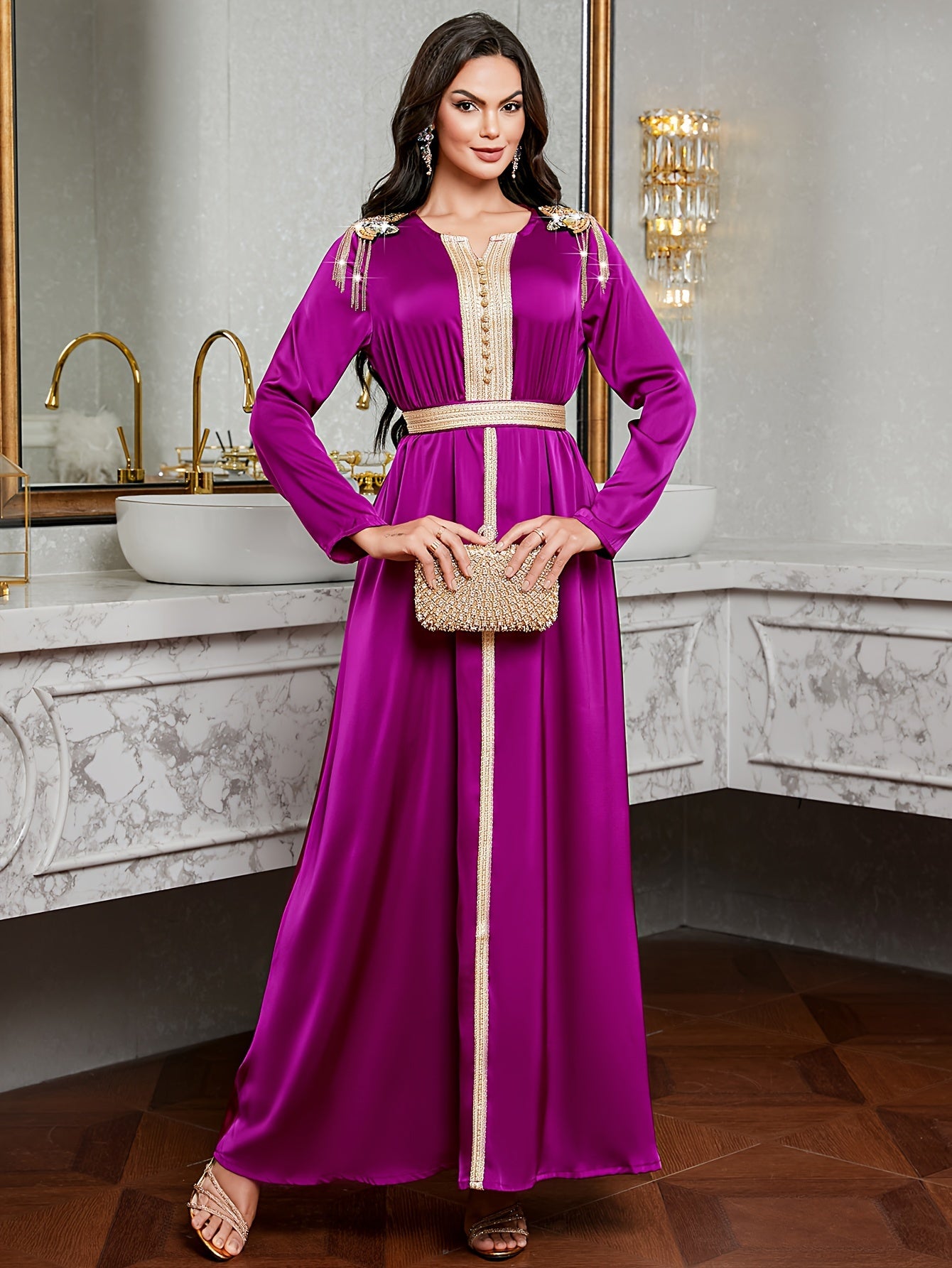 Elegant Purple Emirati Abaya Long Dress | Golden Embroidery, Tassel Detail, Belted, All-Season Wear, Formal Event Attire, Formal Attire, Embroidered Dress, Detailed Embroidery