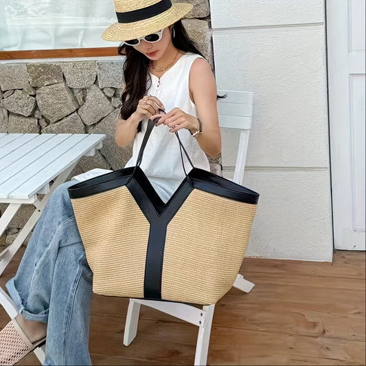 French Holiday Style 2025 New Design Women's Tote Bag - Premium Head Layer Genuine Leather, Large Capacity Vintage Woven Texture