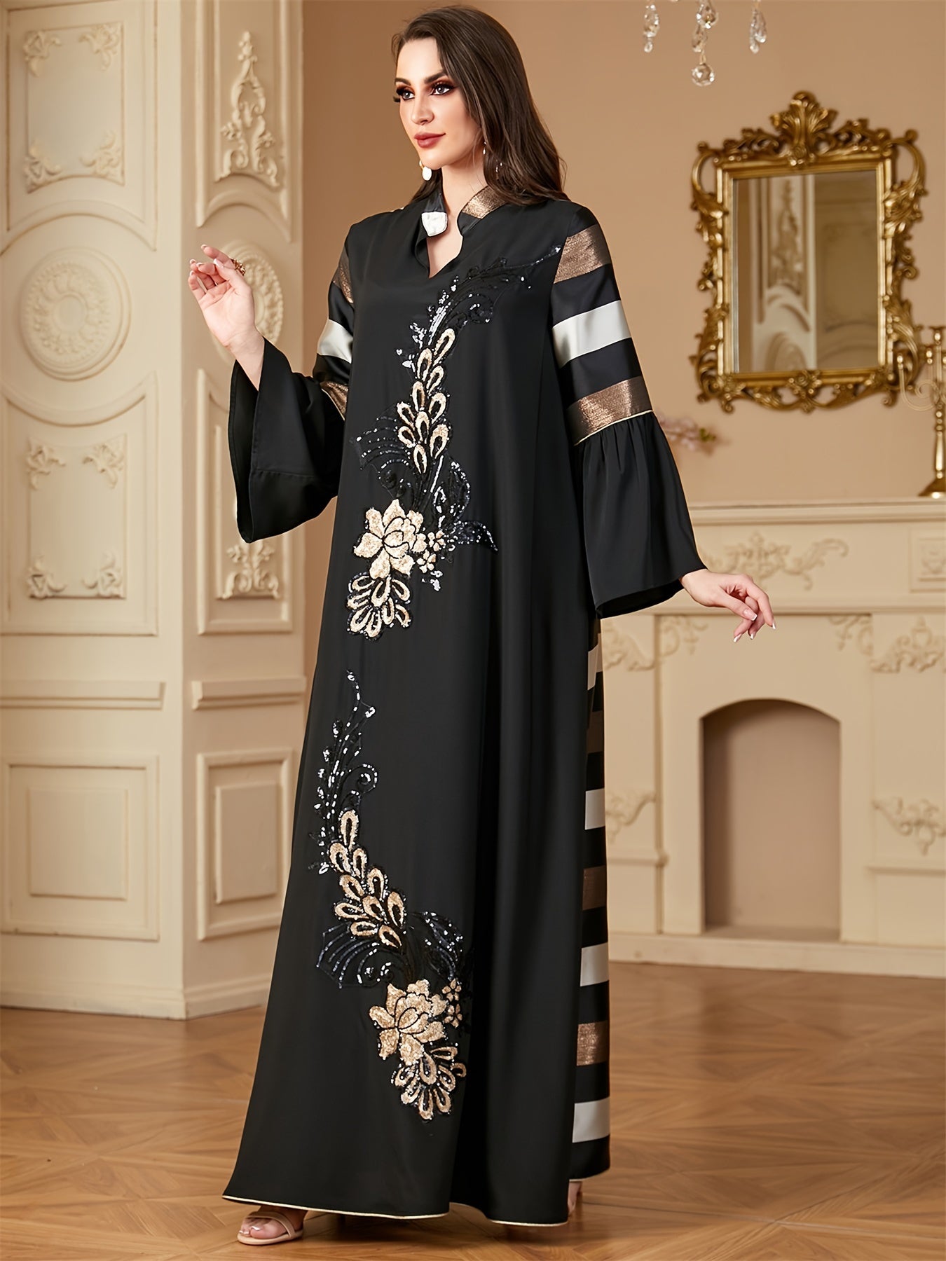 Black & Golden Ramadan Abaya Dress | Loose Fit, 100% Polyester, Long Sleeve, Modern Floral Print, Sequin Patchwork Kebaya for Muslim Women - Modest Eid & Daily Wear