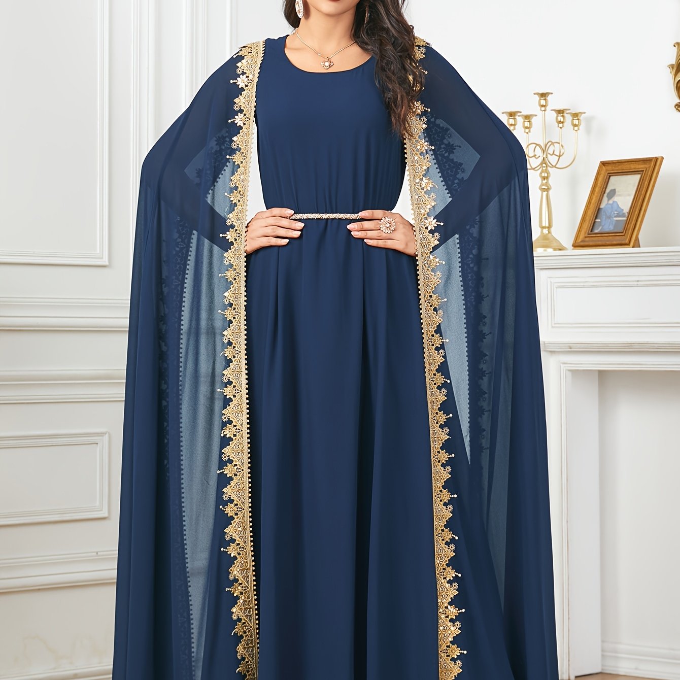 Middle Eastern-Inspired Emerald Green Sequin-Trimmed Lace Embroidery Robe Modern Abaya - Long Sleeve A-Line Gown with Golden Accents, Machine Washable Formal & Casual Wear