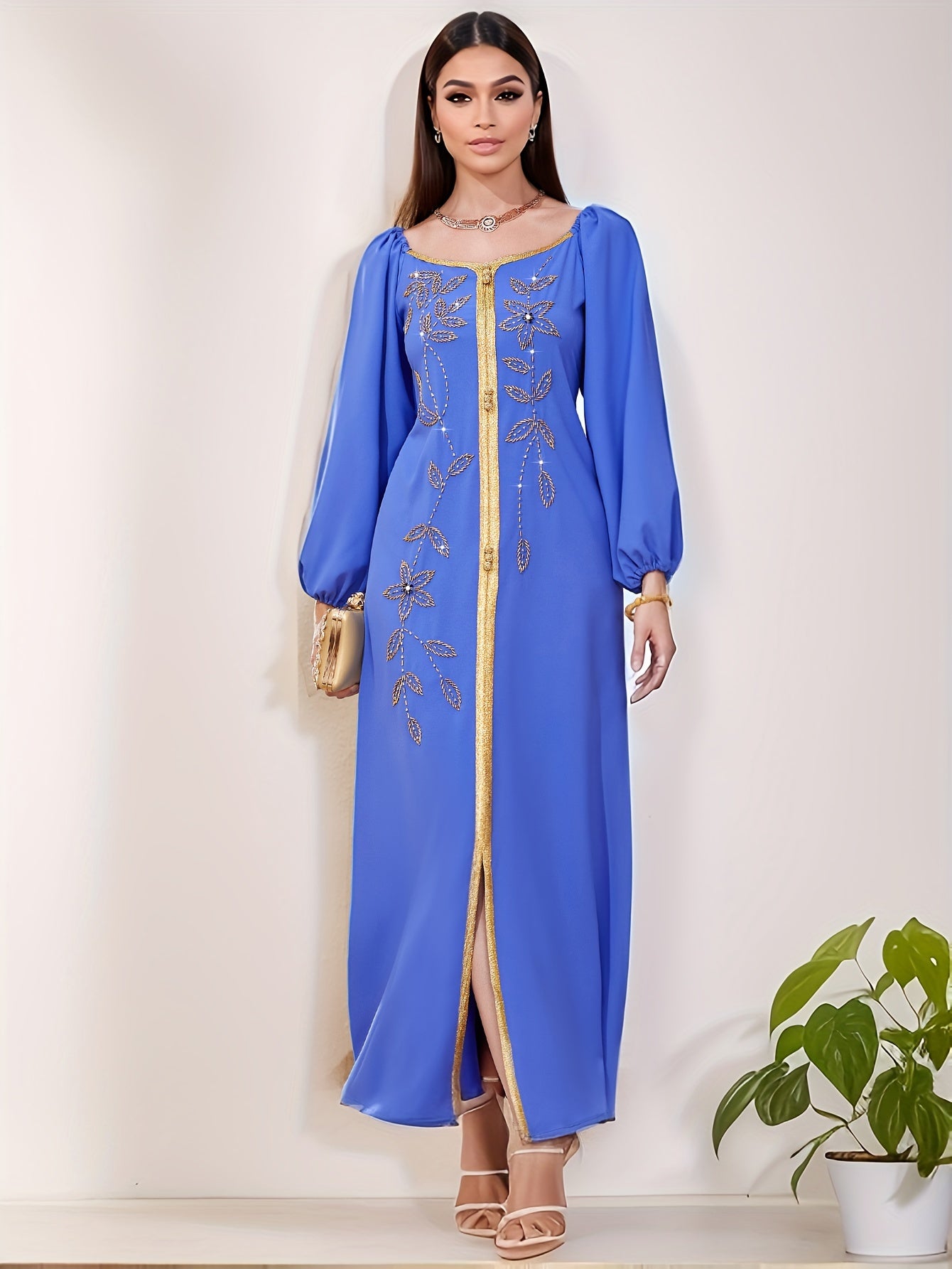 Elegant Long Sleeve Polyester Dress with Lantern Sleeves, Solid Color, Tie Back, and Belted Waist Palestinian Abaya