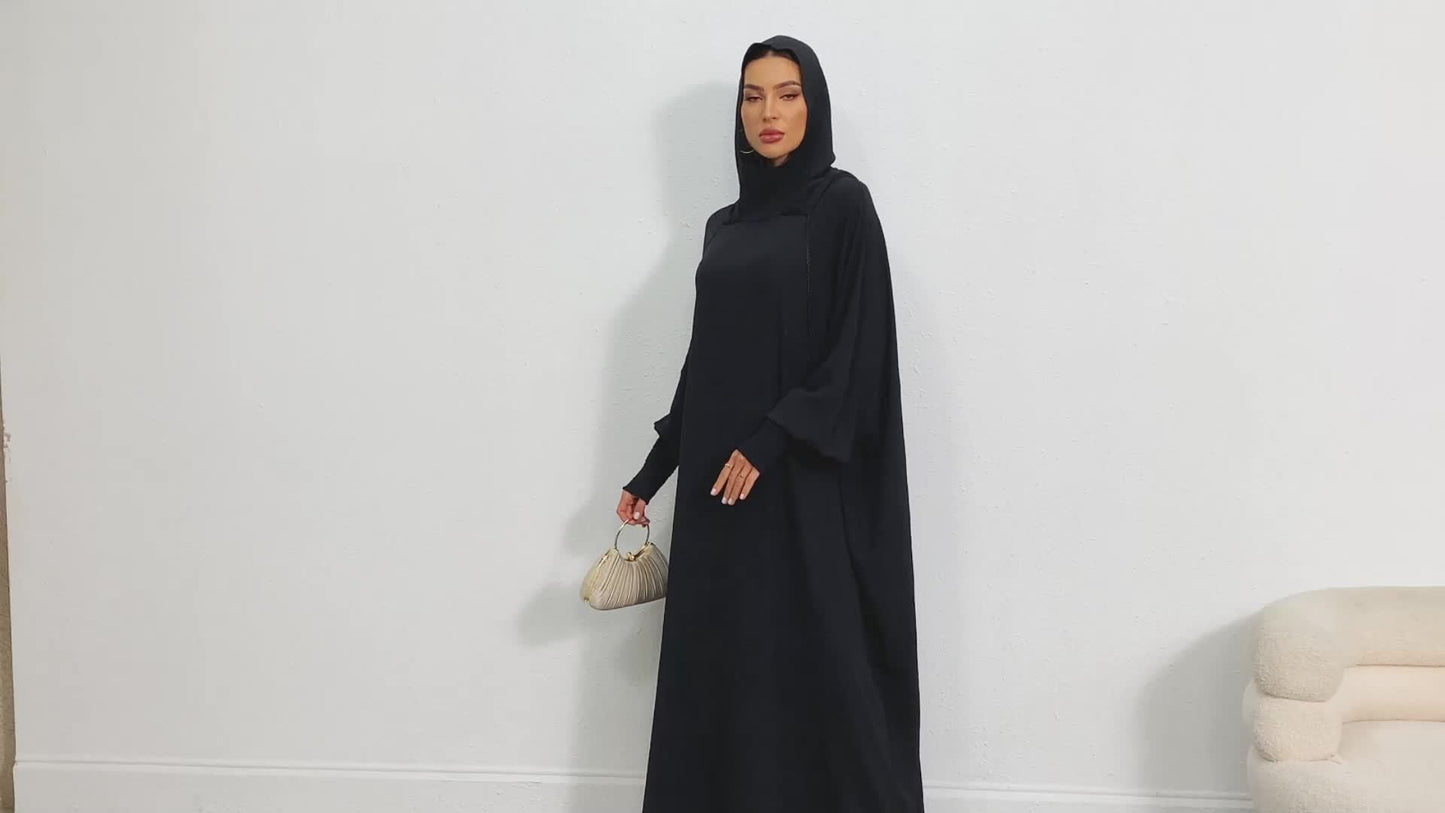 Women's Elegant Black Hooded Batwing Sleeve Dress - Loose Fit Long Flowy Turkish Kaftan, Machine Washable Polyester, Plus Size Friendly, Adjustable Drawstring Waist for Ramadan & Casual Wear Abaya