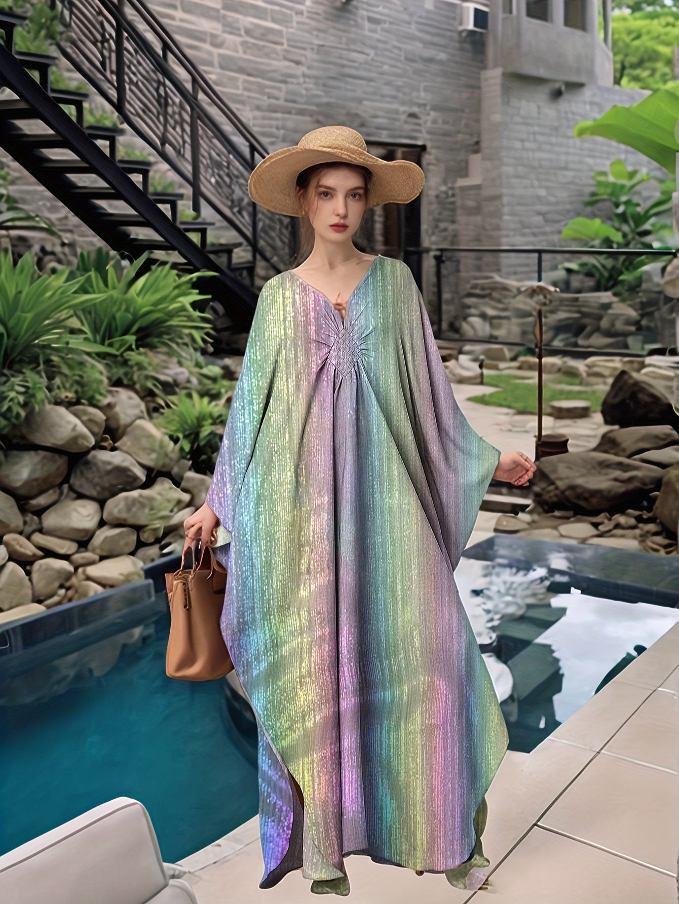 Kaftan Dresses For Women Sparkly Glitter Batwing Sleeve Kaftan Cover Up Beach Maxi Dress Loungewear
