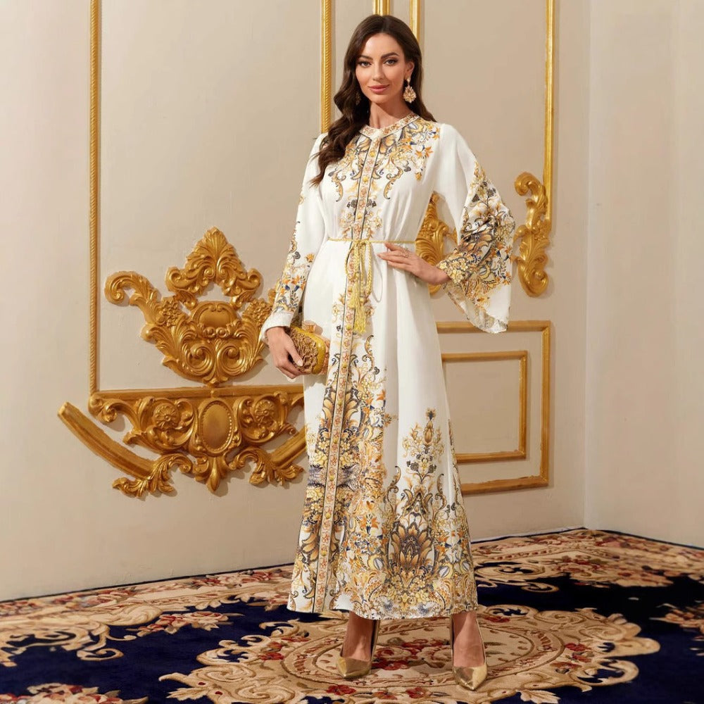 Women's Elegant Middle Eastern Dubai Baju Abaya Dress - Luxurious Golden Floral Print & Lace-like Sleeve Design, Floor-Length Evening Gown with Modest Coverage for Weddings