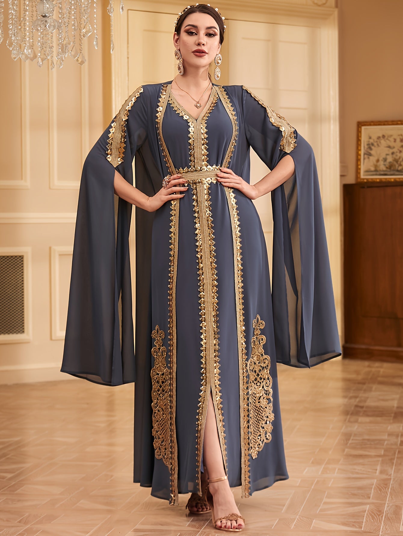 Two-piece Set: Fashion Embroidered Vest with Waist Cincher and Long Skirt + Cardigan with Sequins and Split Long Sleeves Abaya Gown Dress