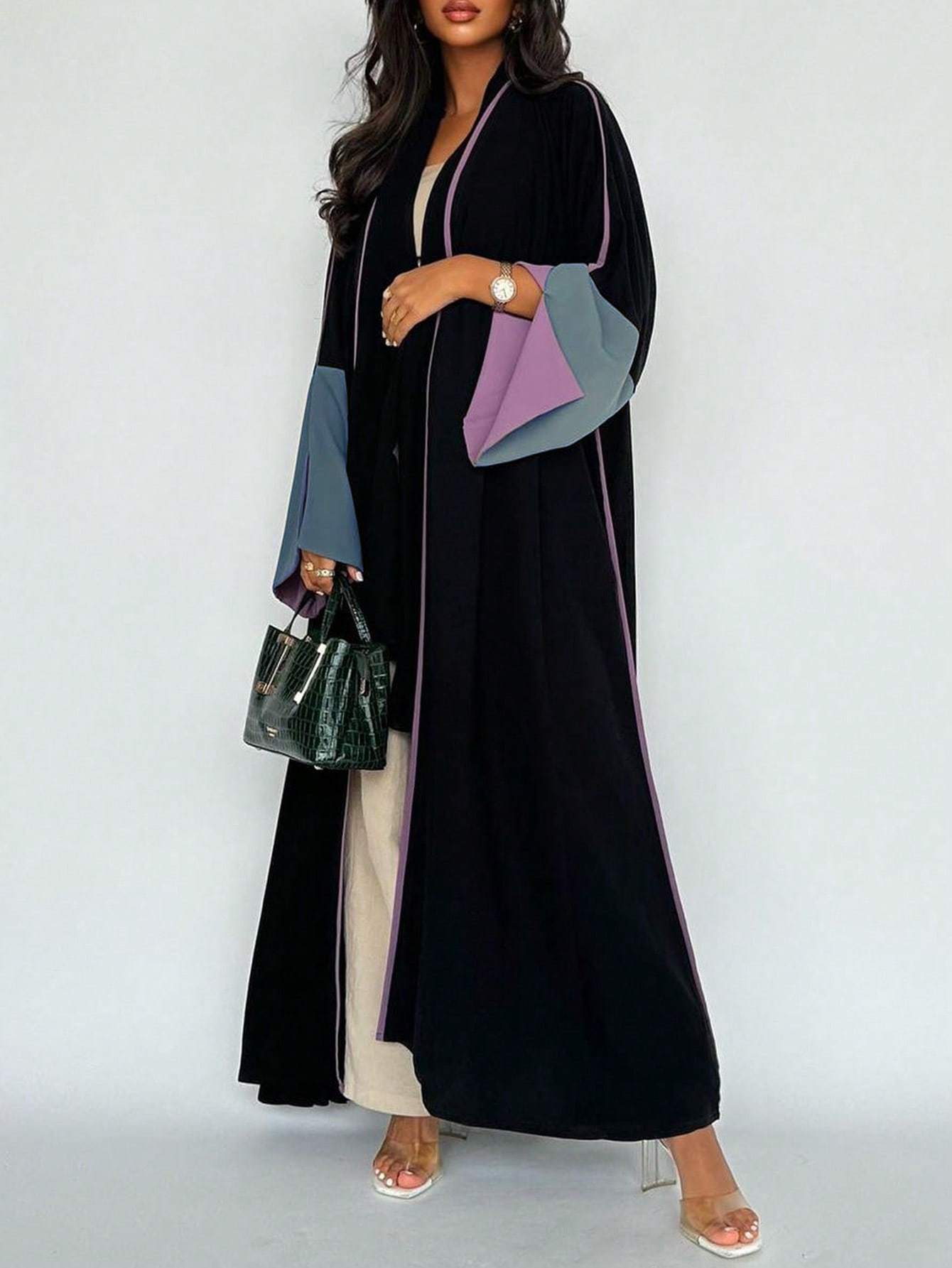 Plus Size - 1pc Plus Size Women's Abaya Burqa - Elegant Color Block Design, Loose Fit Long Sleeve with Open Front, Black & Blue Geometric Pattern, Perfect for Festive Occasions