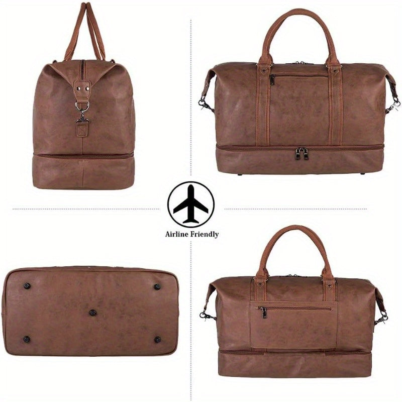 Weekender Overnight Leather Duffel Bag Carry On Bag Travel Bag with Shoe Pouch