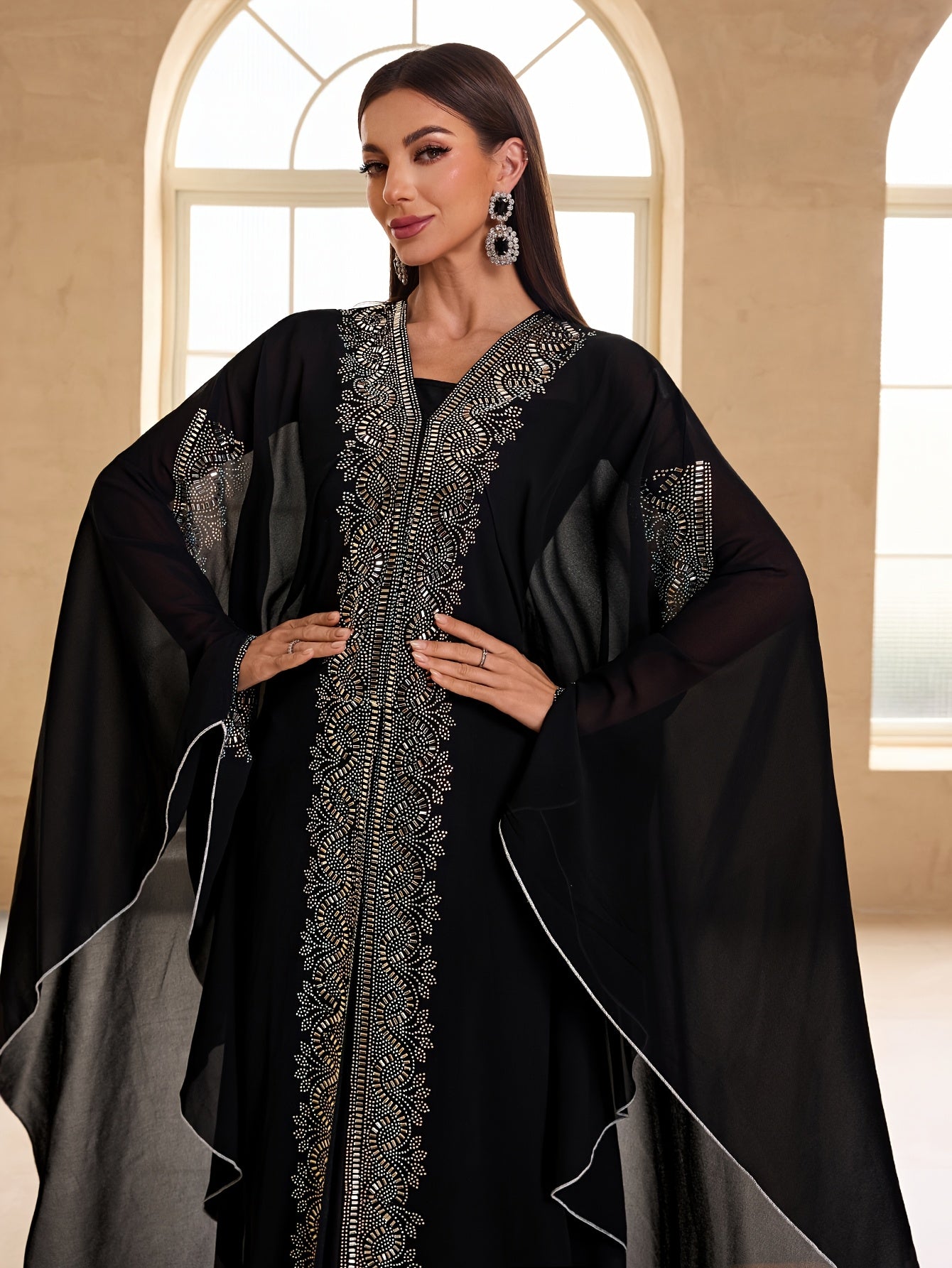 Women Modest Festival Abaya Dress Arabic Style Rhinestone Chiffon V-Neck 2pcs Set Prom Party Long Dress Turkish Style Hooded Long Sleeve Dress Kaftan Arabian Dress
