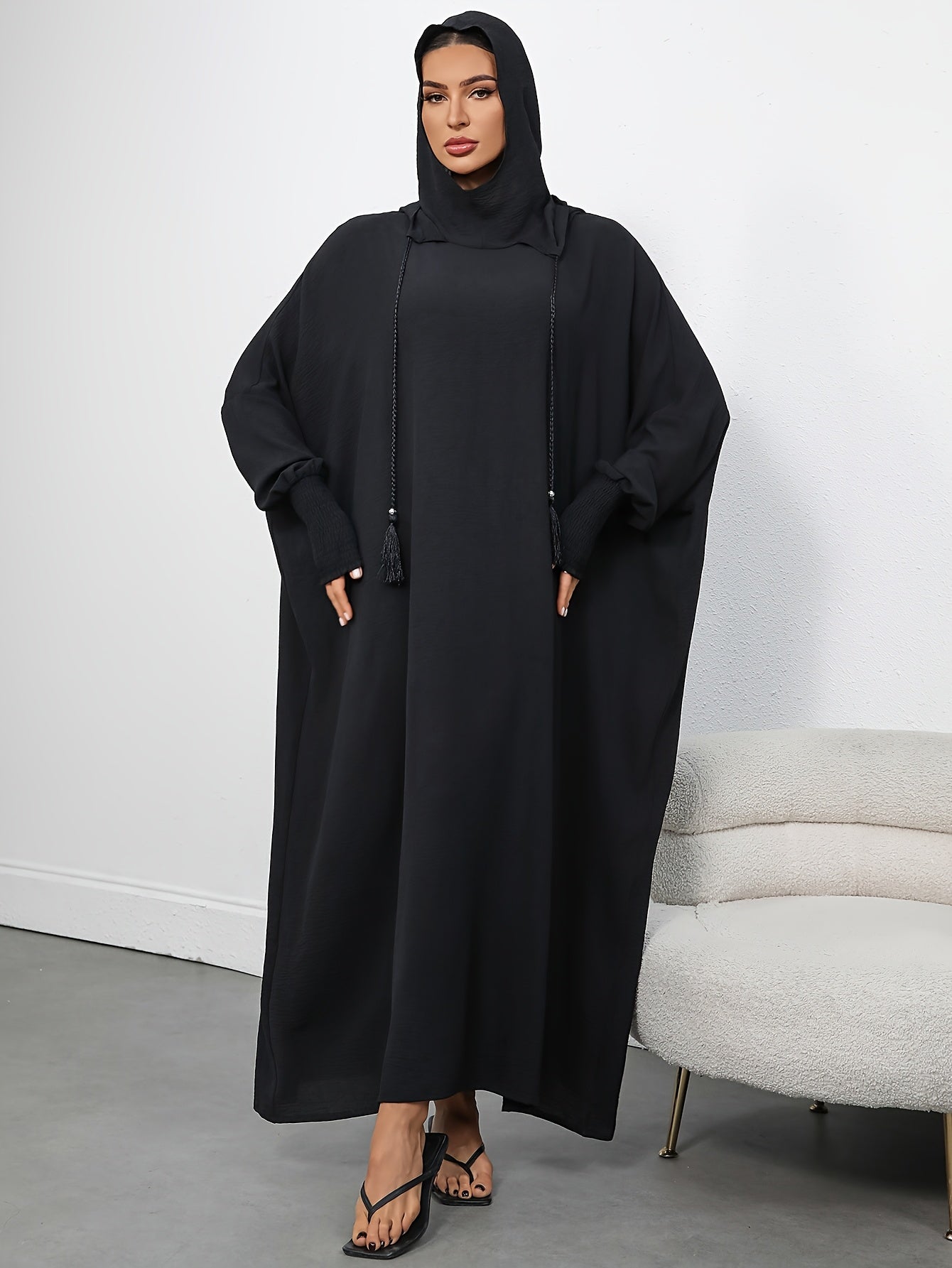 Women's Elegant Black Hooded Batwing Sleeve Dress - Loose Fit Long Flowy Turkish Kaftan, Machine Washable Polyester, Plus Size Friendly, Adjustable Drawstring Waist for Ramadan & Casual Wear Abaya