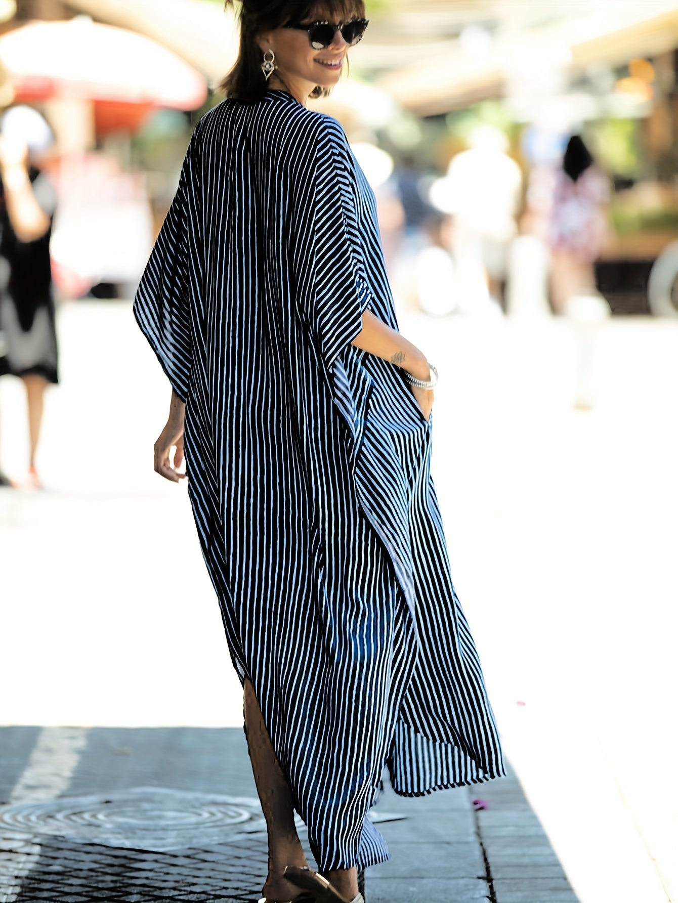 Women's Long Dress Bating Sleeve Kaftan Dresses Print Stripe Snake Pattern Dot Pattern Beach Cover Up Leisure Vacation Home Outfits Swimsuit Cover Up Ethnic Loose Robe
