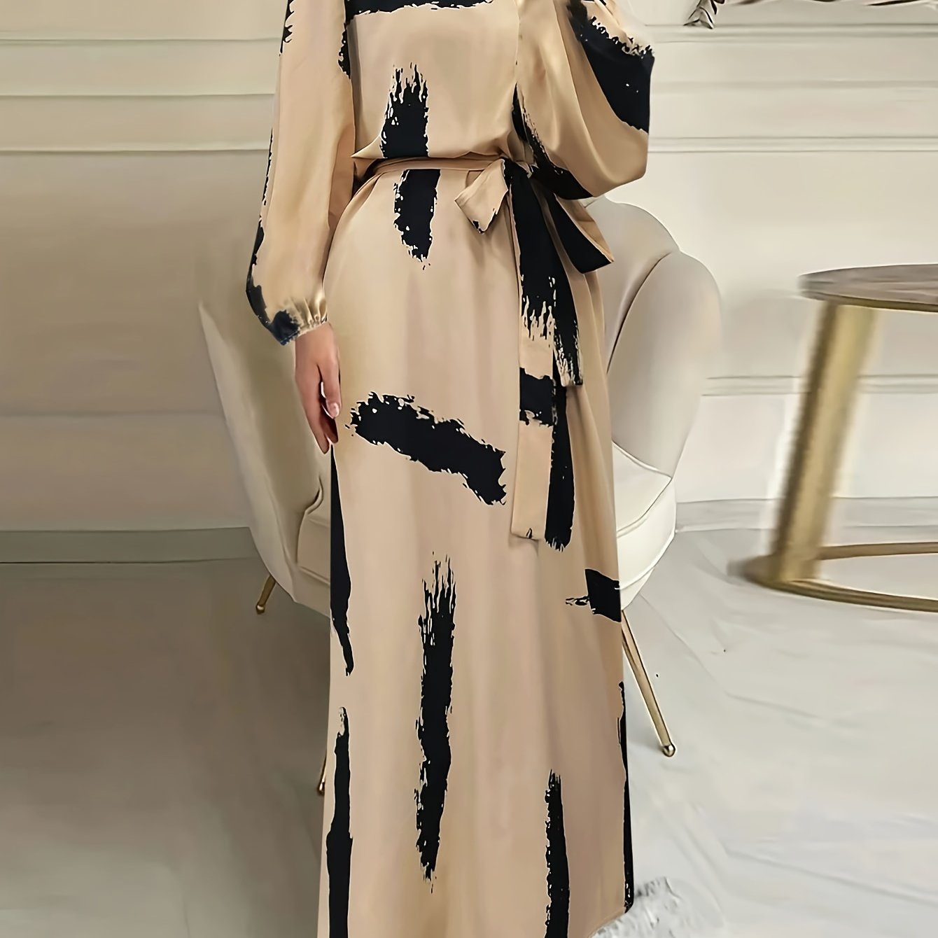 Navy Blue & Orange Print Women's Arabic Traditional Kaftan Abaya Dress | Long Sleeve Knee-Length Machine Washable Fitted Silhouette for Modest All-Season Wear, Middle Eastern Attire