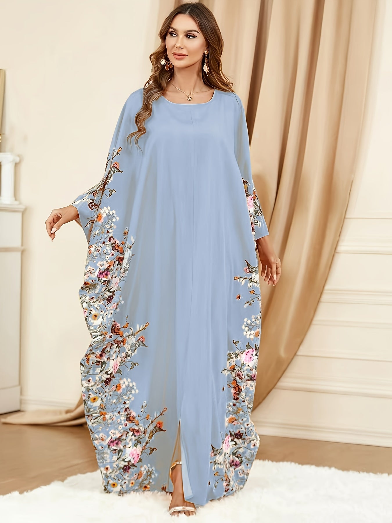 Floral Print Crew Neck Kaftan Abaya, Elegant Batwing Sleeve Split Maxi Dress, Women's Clothing