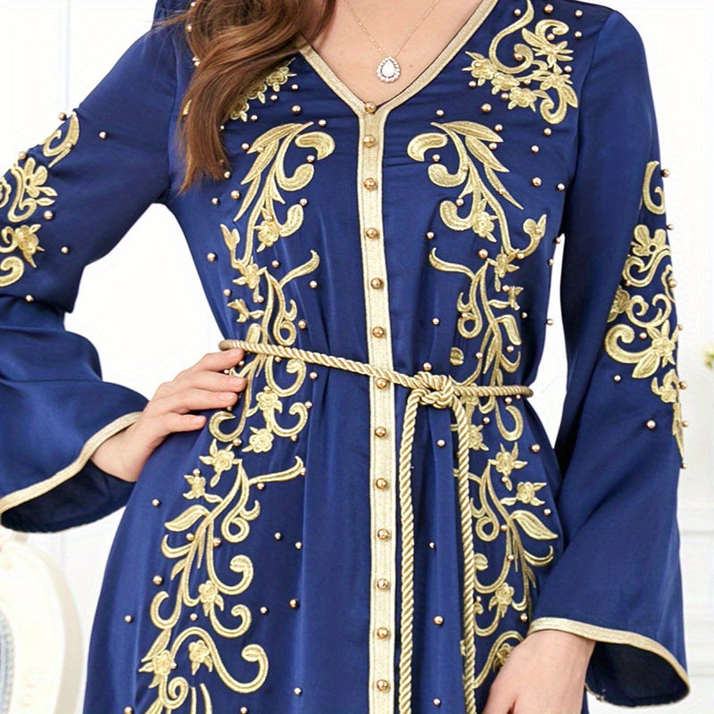 Plants Print V-neck Slit Kaftan Abaya, Long Sleeve Dress, Women's Clothing