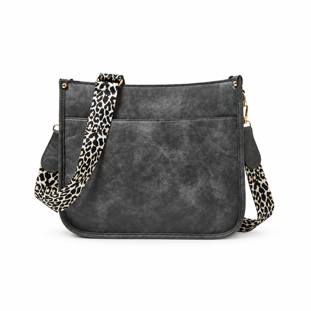 Charcoal Crossbody Bag With Leopard Strap