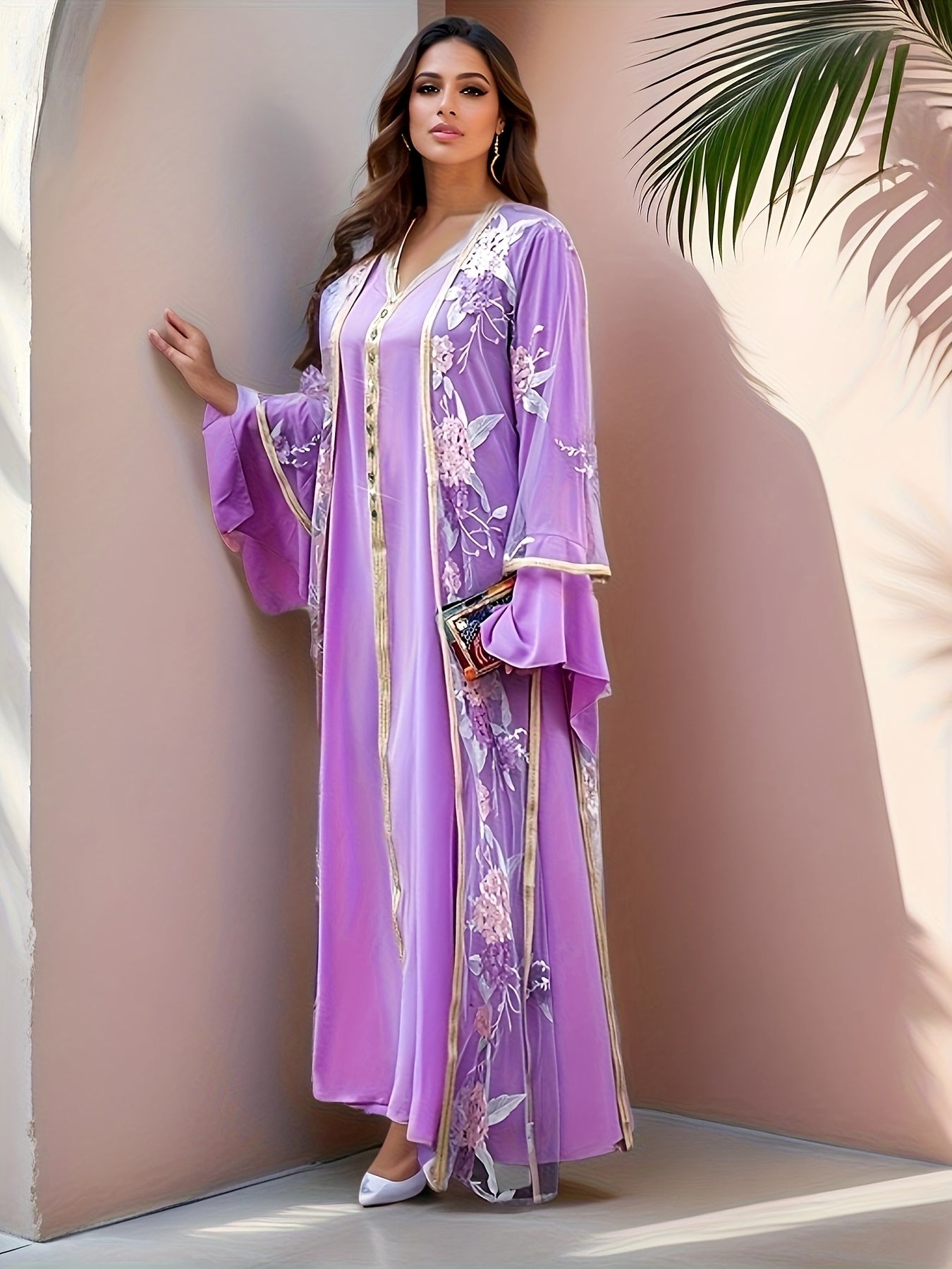 Women's Lace Overlay Two-Piece Set Casual Fashion Middle Eastern Abaya Dress