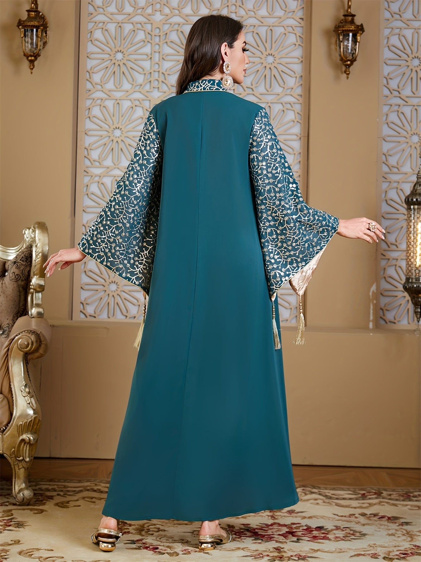 Elegant Muslim Kaftan Abaya Evening Dress with Floral Embroidery & Tassel Flare Sleeves - Navy Blue Maxi Abaya for Women, Middle Eastern-Inspired Traditional Gown, Hand Wash/Dry Clean