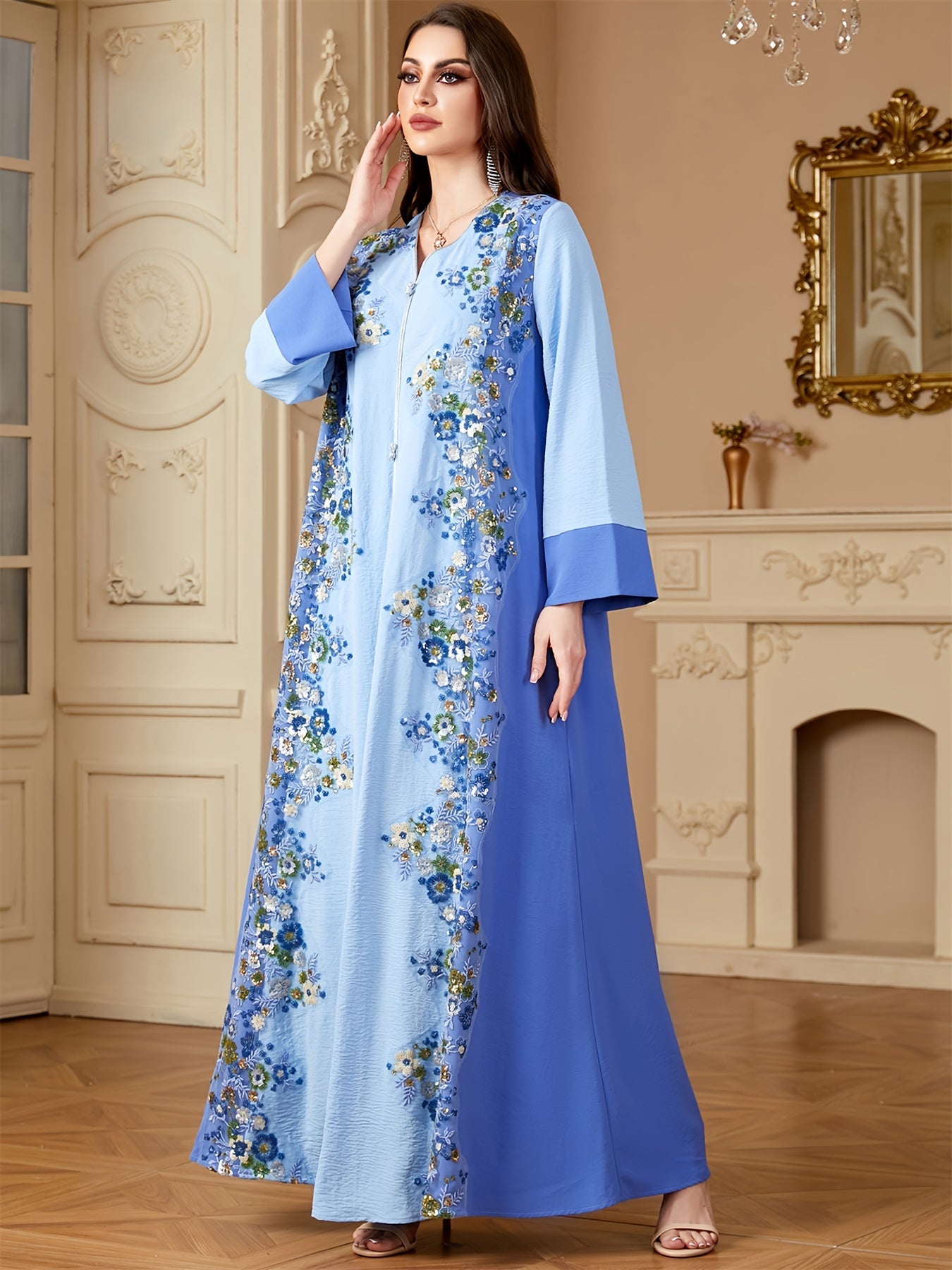 Muslim Women's Elegant Abaya Kebaya - Long Formal & Everyday Islamic Dress with Beaded Neckline, Non-Stretchy Long Sleeve Maxi, for Ramadan, Weddings, Hajj - Modest Wedding Guest Gown, Muslim Dress, Religious Event Attie