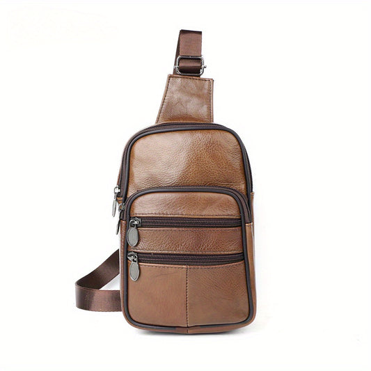 Men's Genuine Top Layer Cowhide Leather Sling Bag - Minimalist Style, Large Capacity, Lightweight Crossbody Shoulder Bag with Zipper Closure