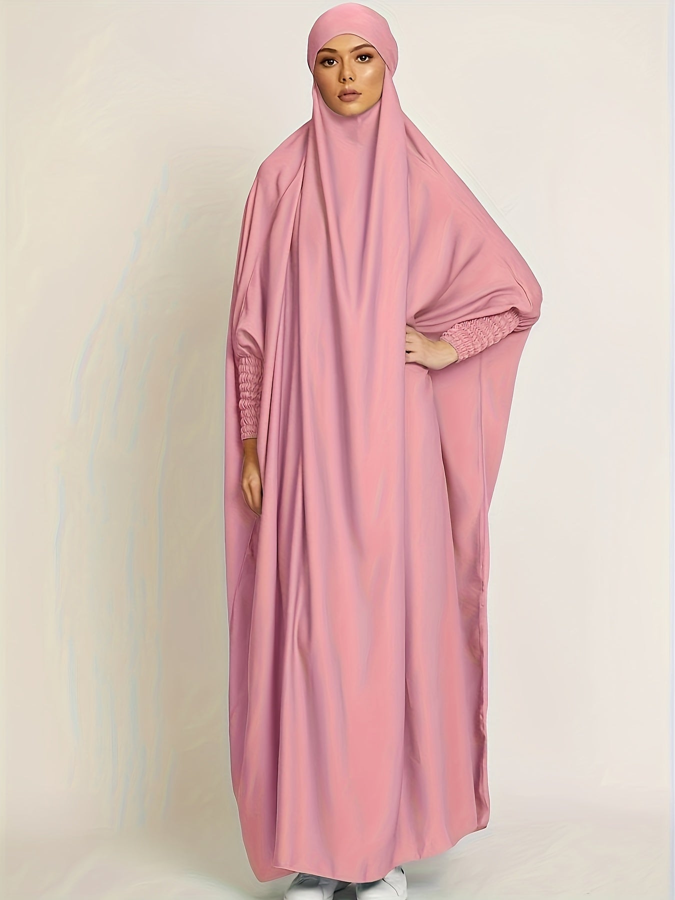 Long Sleeve Solid Color Jibab Abaya - Women's Traditional Arabian Polyester Robe with Tie Back, 95% Polyester 5% Elastane, 135g/m² - Muslim Nida Hijab Dress