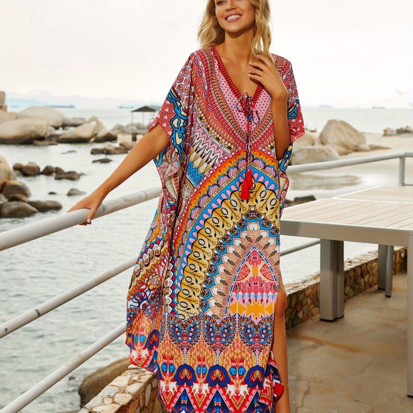 Plus Size, Plus Size Beach Cover Up Maxi Dress - Quick-Dry Sun Protective Swimsuit Kaftan with Side Slits, Lightweight Loose Fit Vacation Dress for Pool Party & Tropical Resort