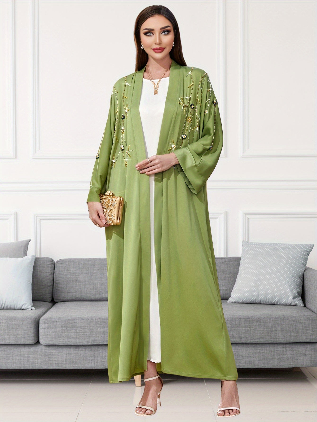 Elegant Green & White Long Tunic Dress with Beaded Detail - Casual Turkish Abaya Style, Long Sleeve, Floor-Length, Perfect for Spring/Summer, Casual Summer Wear | Elegant Long Dress | Texture