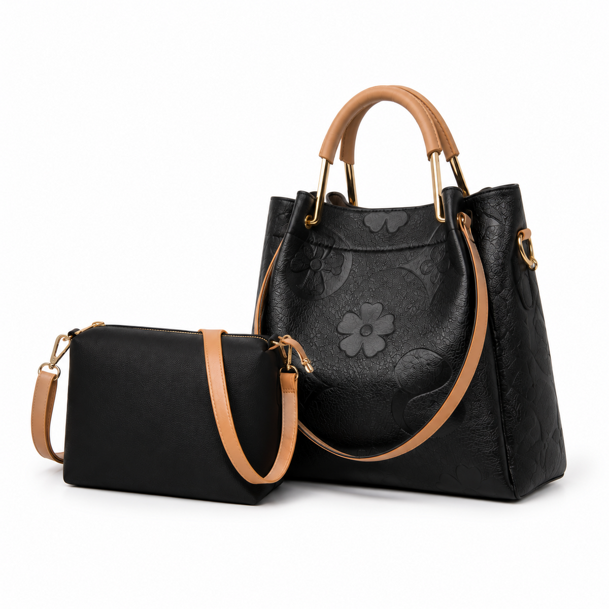 Black Embossed Tote Crossbody Handbag Set