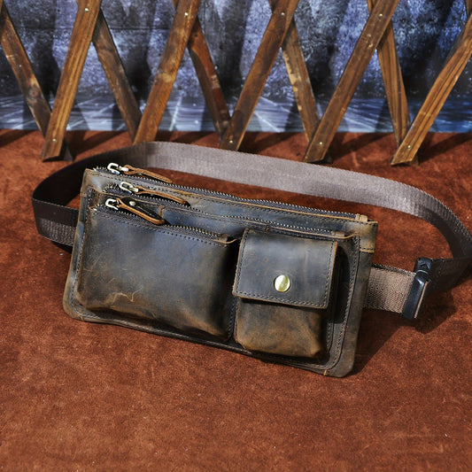 Adjustable Genuine Leather Crossbody Belt Bag for Men & Women - Rustic Small Phone Pouch with Zippered Compartments, Durable Waist Bag for Hiking, Cycling & Travel