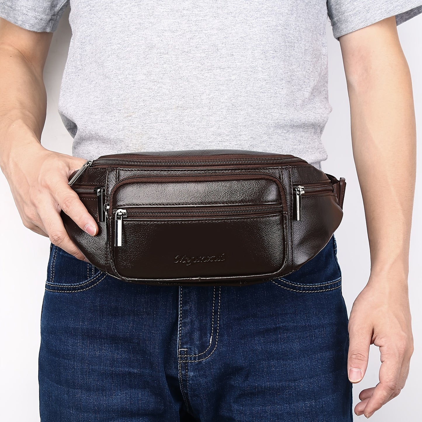 Men's Genuine Leather Belt Bag, Casual Top Layer Cowhide Fanny Pack, Black, with Adjustable 35.43inch Strap, Crossbody