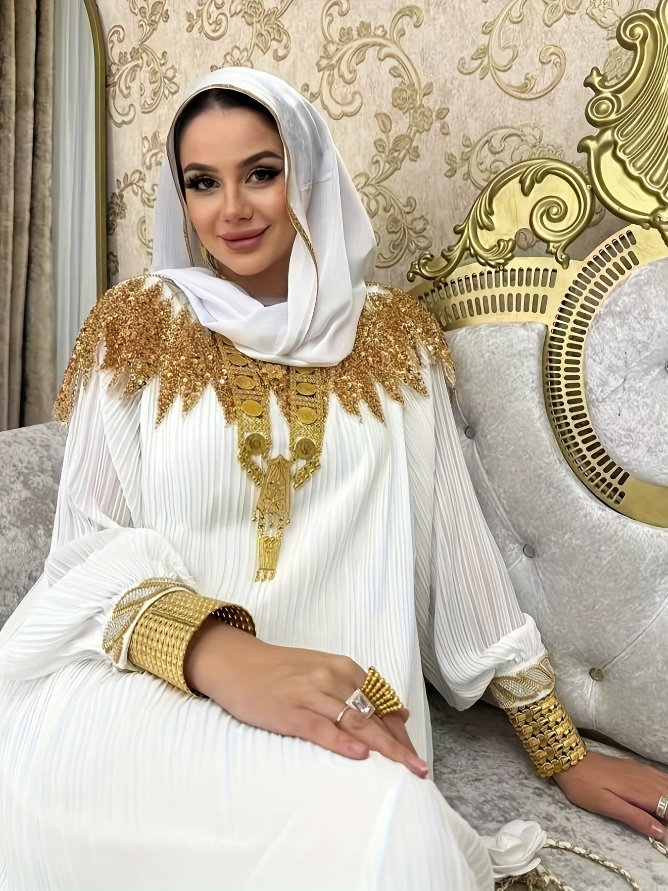 Elegant Black Sequin Gown with Golden Embellishments, Long Sleeves, and Asymmetrical Hem - Loose Fit Modern Abaya, Polyester, Perfect for Parties and Formal Events, Formal Event Attire