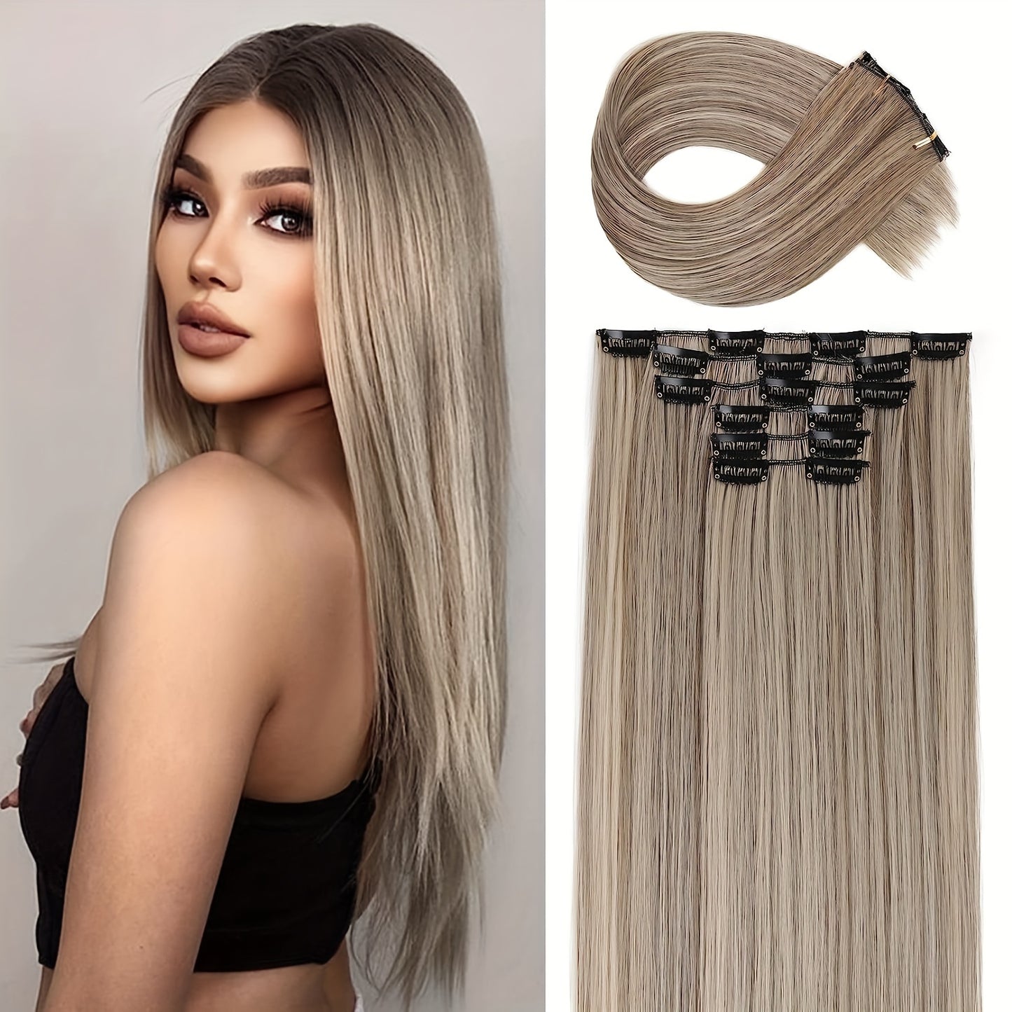24 Inch Clip In Long Straight Synthetic Hair Extension | 6PCS Balayage Pale Golden Honey Thick Hairpieces