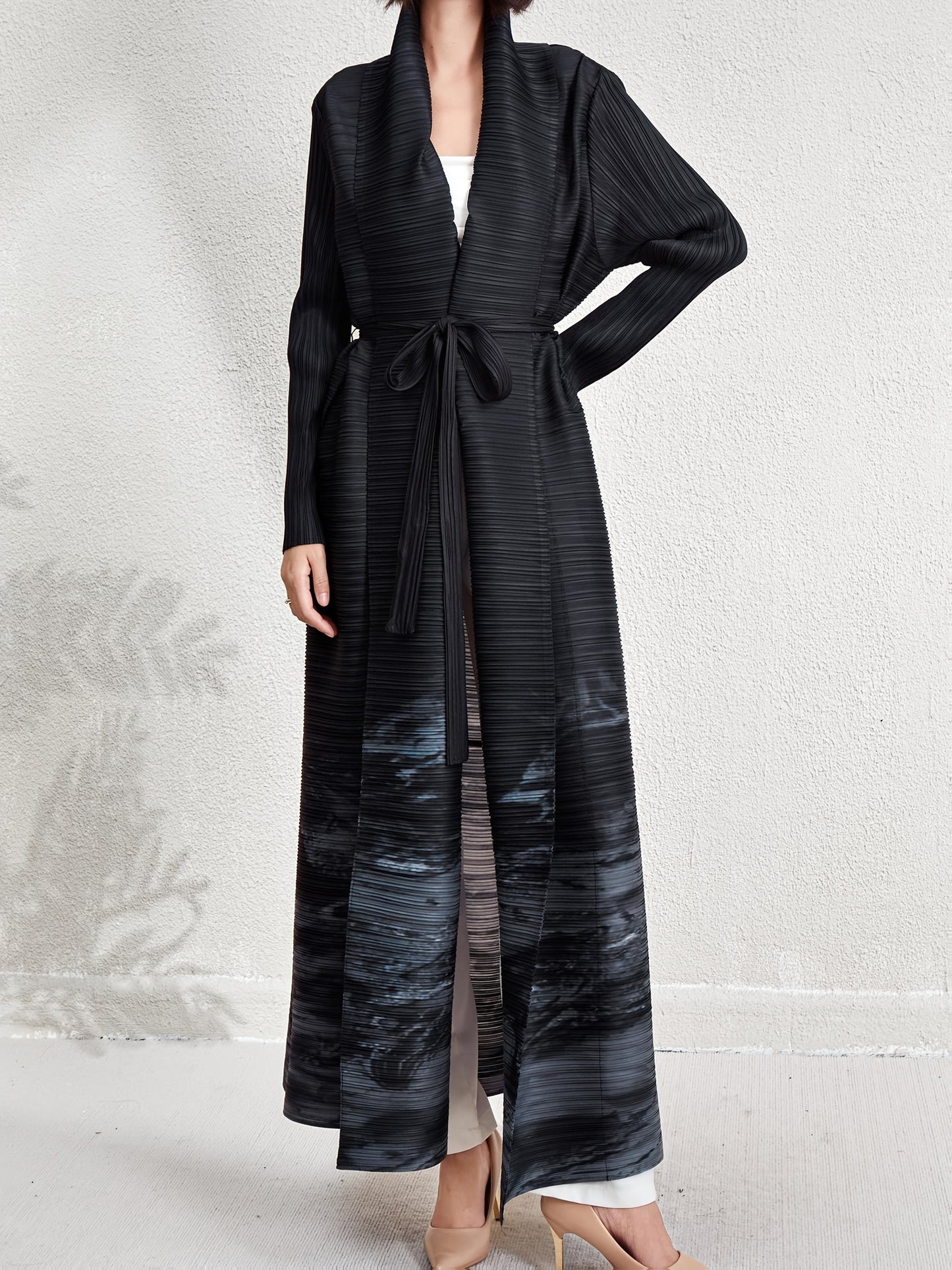Women's Plus Size Geometric Print Long Sleeve Abaya Dress - Black & White Pleated Cardigan with Belt, Casual Loose-Fit Maxi Wrap for All Seasons