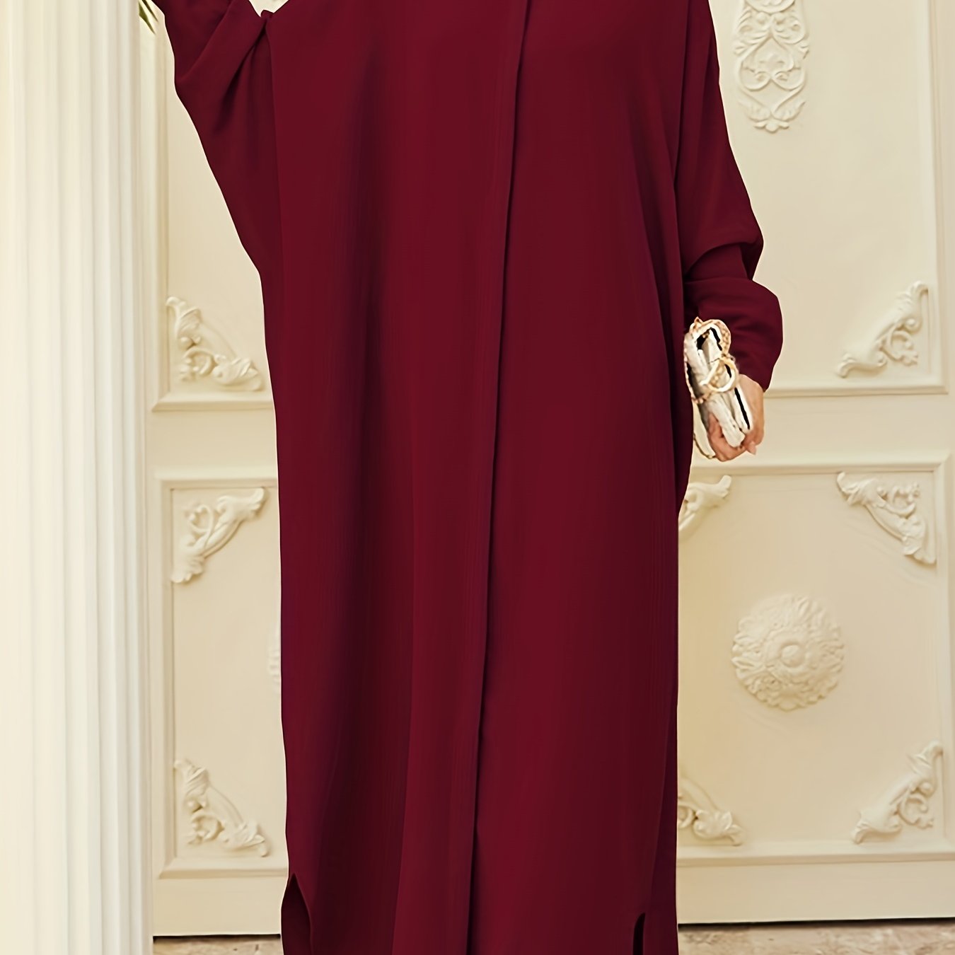 Ramadan Modest Batwing Sleeve Kaftan Abaya - Solid Black Loose Fit Maxi Dress with Slit Hem & Button Front, Non-Stretch Fabric for Women, All-Season Versatile Abaya