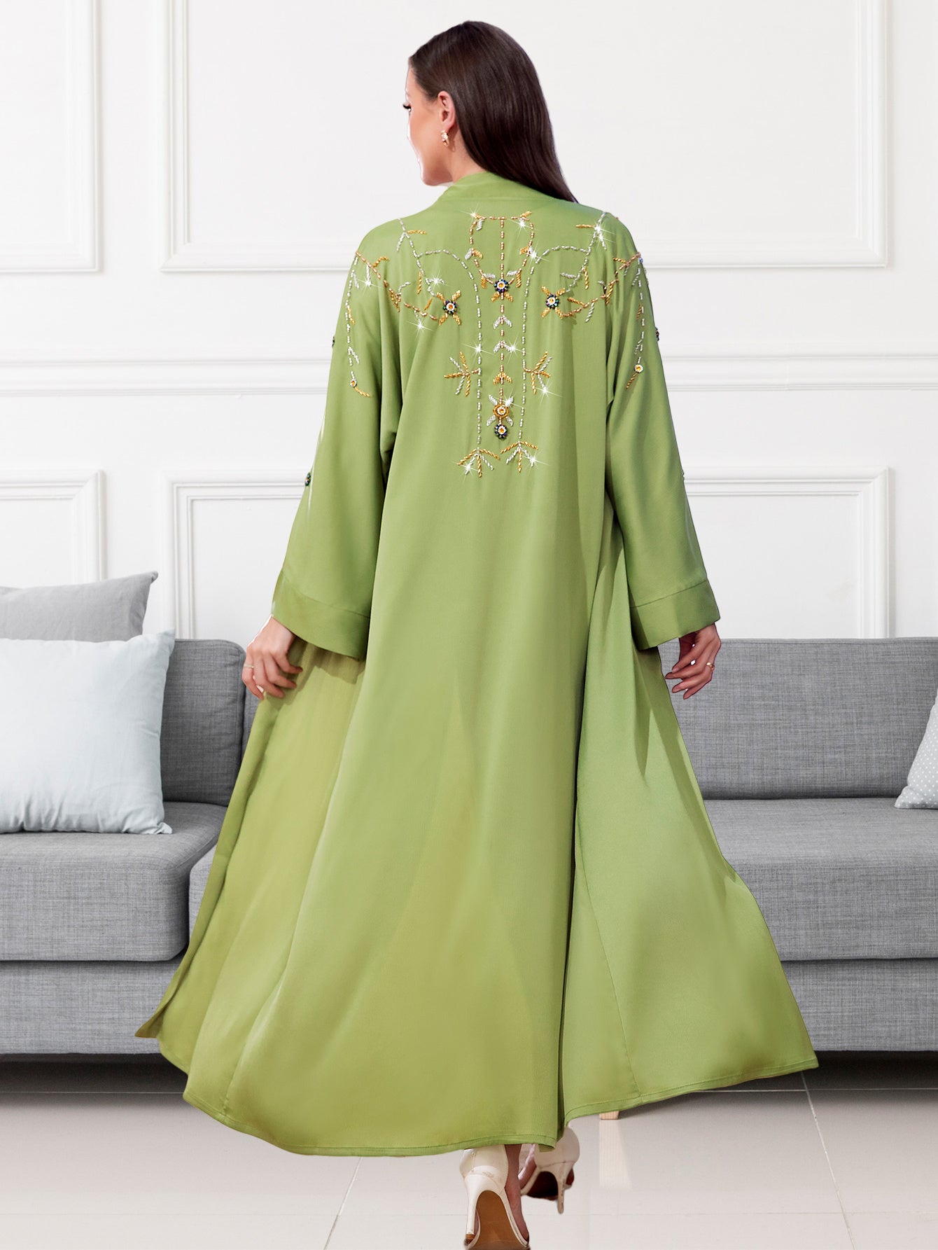 Elegant Green & White Long Tunic Dress with Beaded Detail - Casual Turkish Abaya Style, Long Sleeve, Floor-Length, Perfect for Spring/Summer, Casual Summer Wear | Elegant Long Dress | Texture