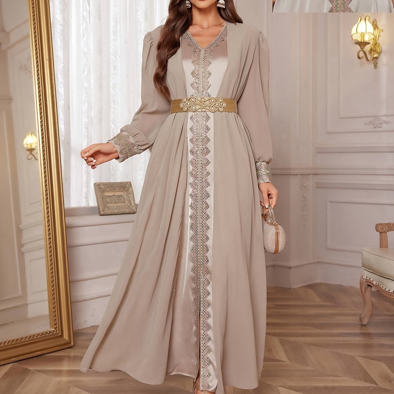 Women V-Neck Sleeveless Lace Elegant slit Abaya Dress with Detachable Belt And Arab Style Outer Long Sleeve Two-Piece Set