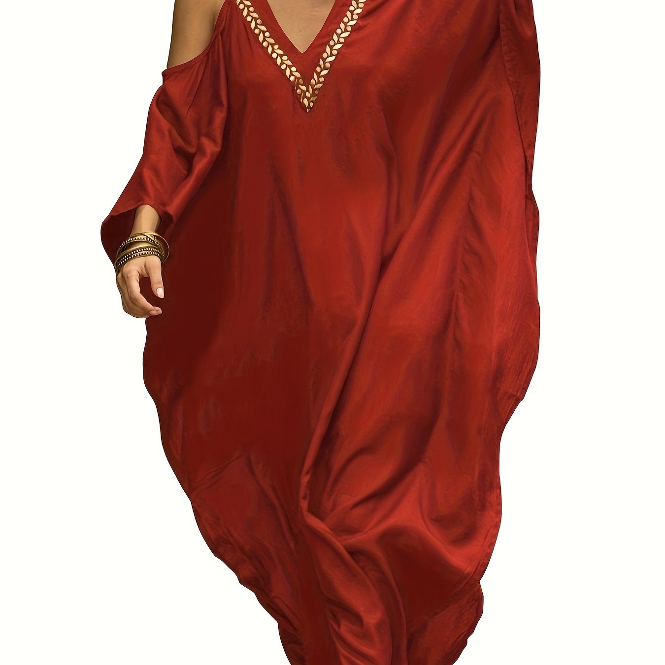 Plus Size Maroon V-Neck Kaftan Dress with Cold Shoulder Batwing Sleeves