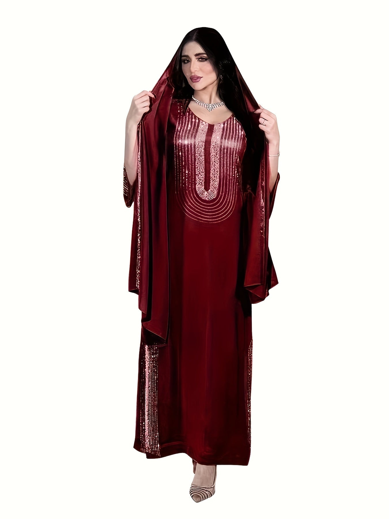 Elegant Tribal Pattern Polyester Modern Abaya, 100% Polyester Woven Dress, Rhinestone Embellished, Versatile for Home & Commute, Spring/Summer/Fall Collection