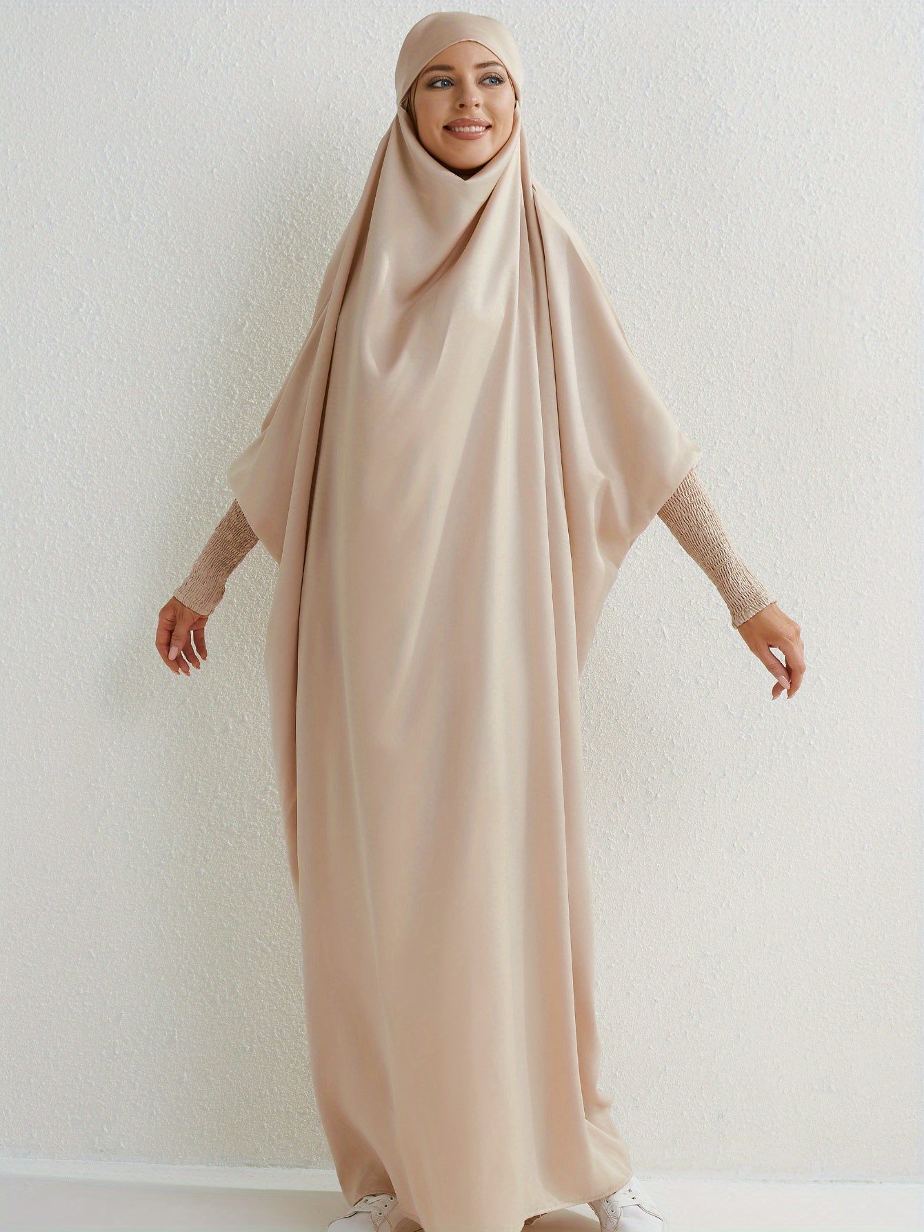 Elegant Loose-Fit Abaya Robe with Built-In Headscarf - Modest Ramadan Prayer Dress, Long Sleeve Butterfly Cuff Traditional Middle Eastern Full-Length Cover Dress, Solid Color Machine Washable, Religious Attire, Allseason Wear