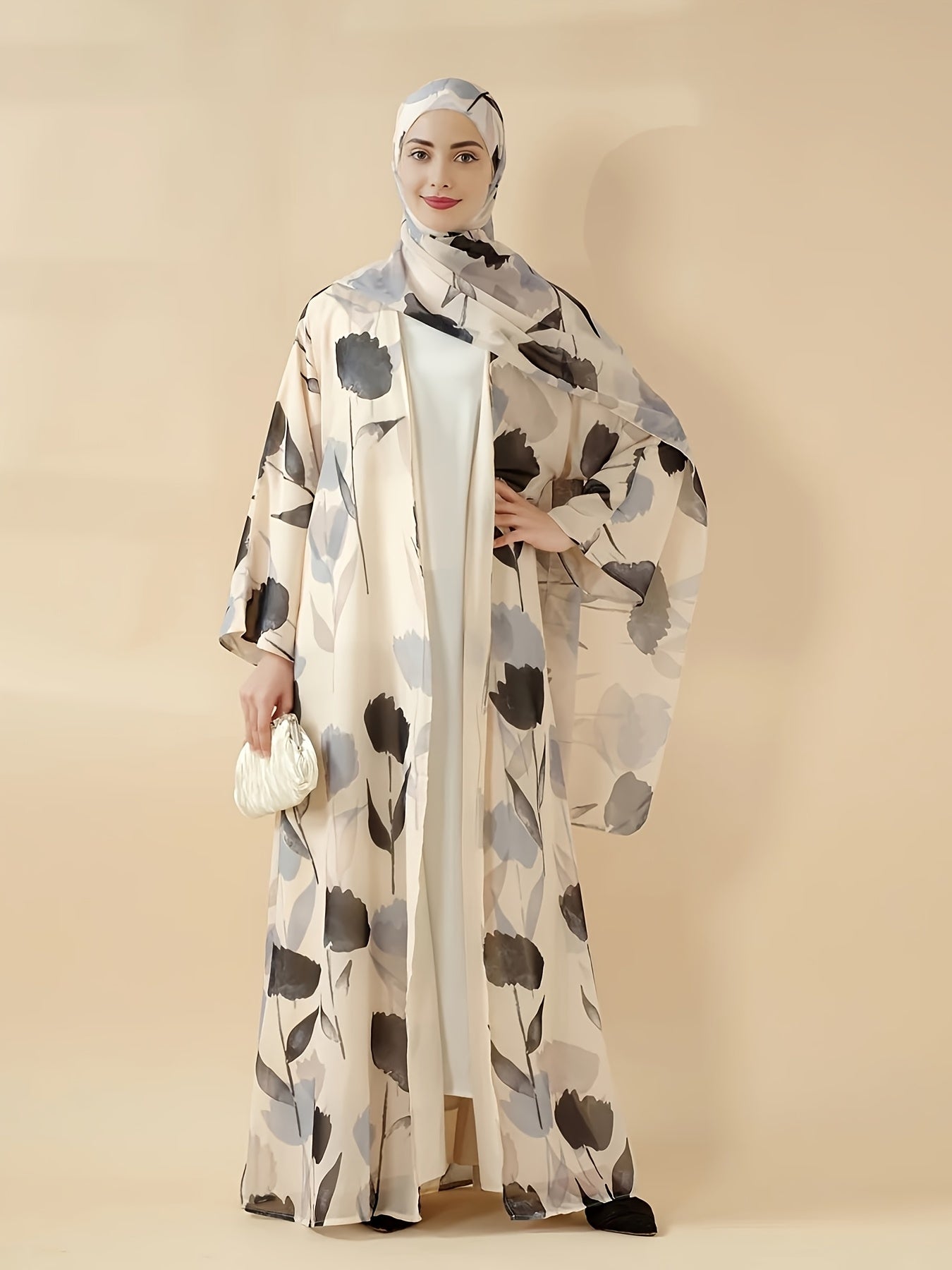 Elegant Floral Print Abaya Set - Lightweight, Open Front Long Robe with Matching Garment, Polyester, Non-Stretch Fabric, Perfect for Summer, Middle Eastern Fashion