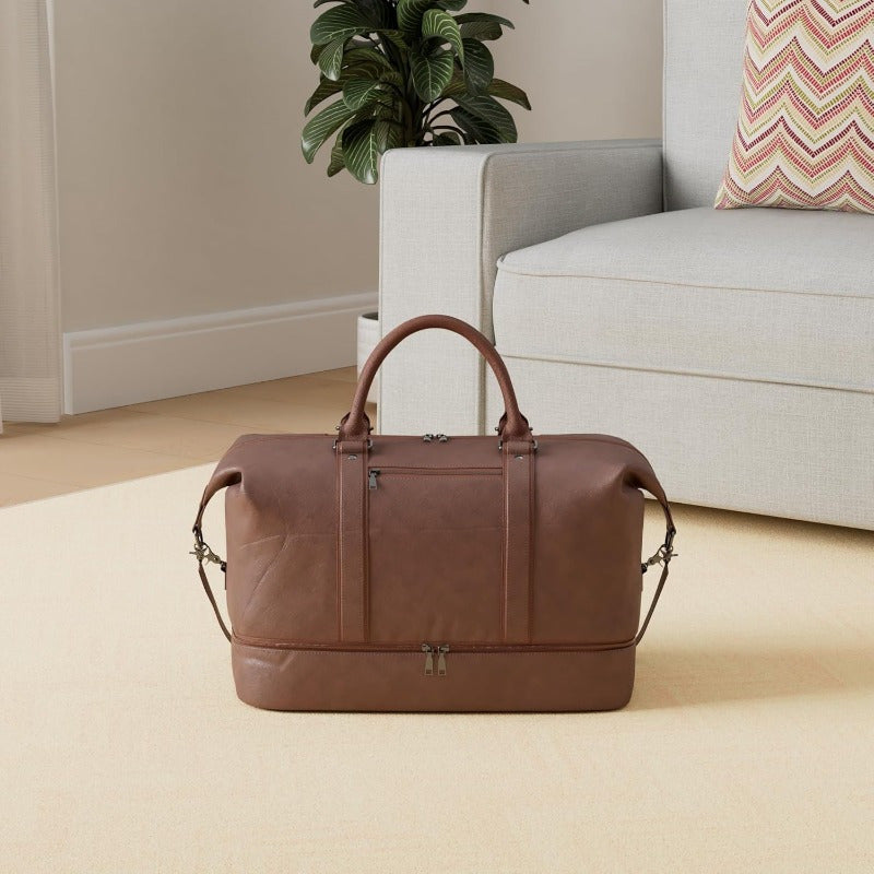 Weekender Overnight Leather Duffel Bag Carry On Bag Travel Bag with Shoe Pouch