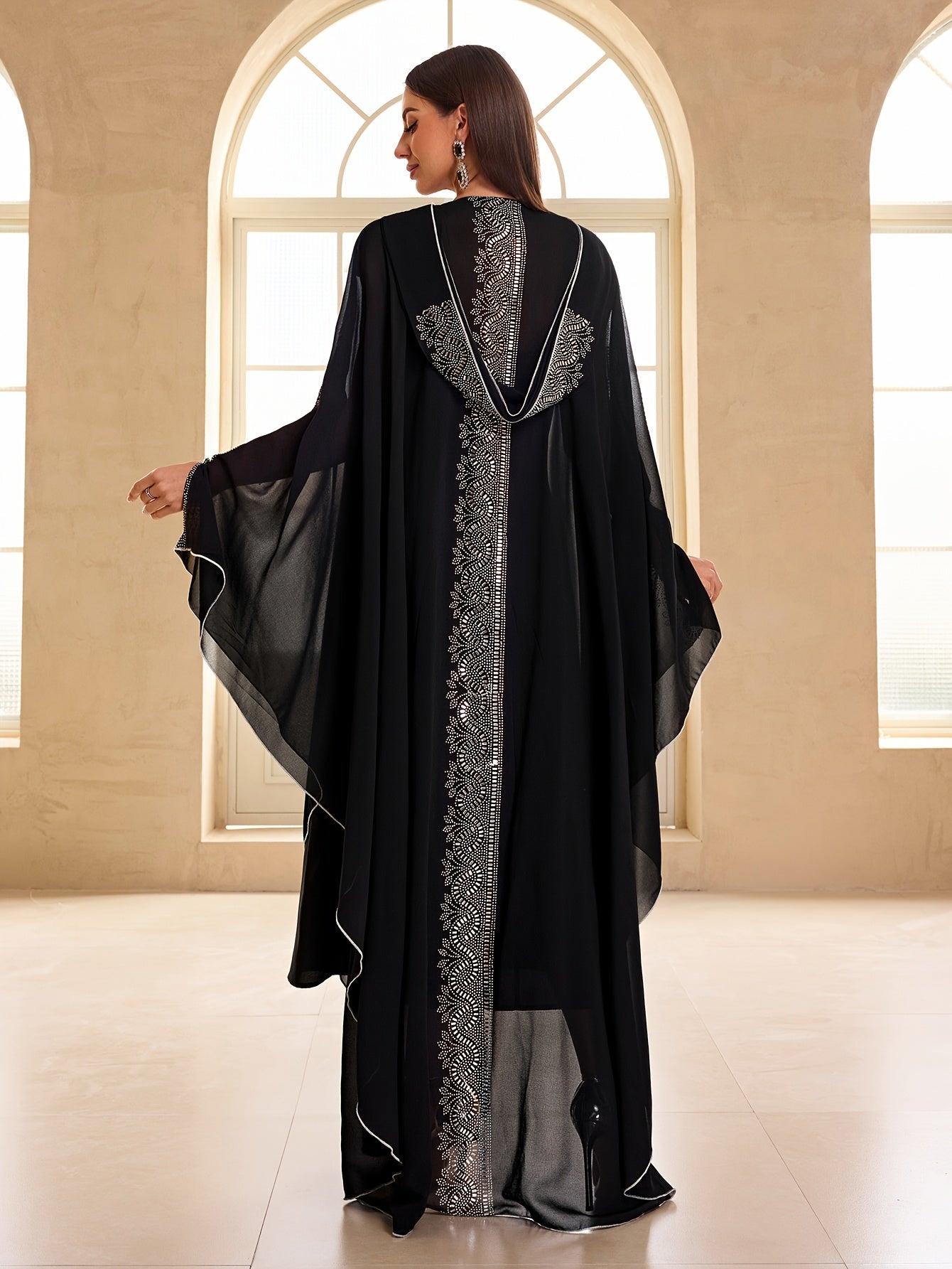 Women Modest Festival Abaya Dress Arabic Style Rhinestone Chiffon V-Neck 2pcs Set Prom Party Long Dress Turkish Style Hooded Long Sleeve Dress Kaftan Arabian Dress