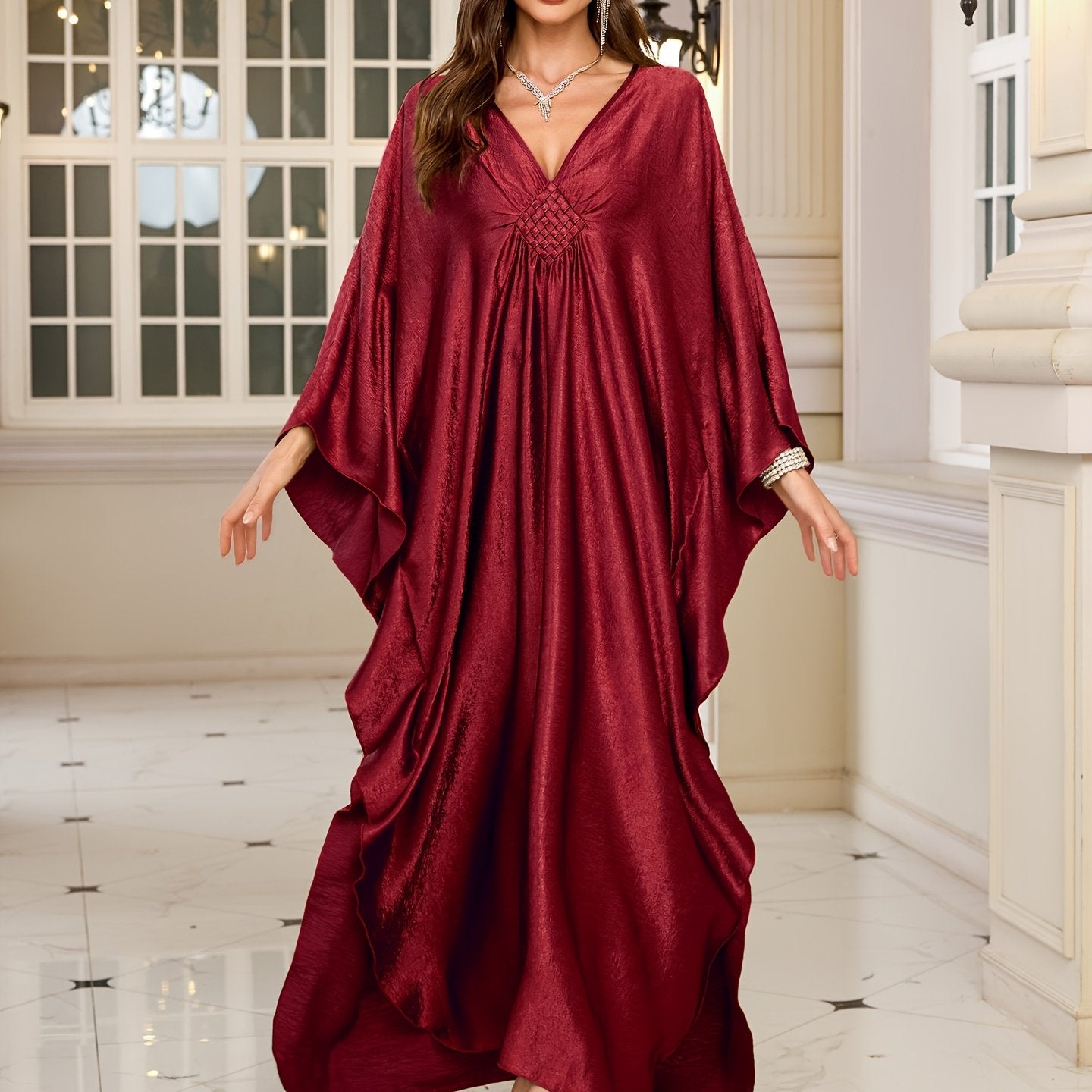 Plus Size Dark Red Kaftan for Women - Elegant V-Neck Beach Cover-Up with Long Sleeves, 100% Polyester, Machine Washable, Perfect for Summer Holidays and Poolside Lounging