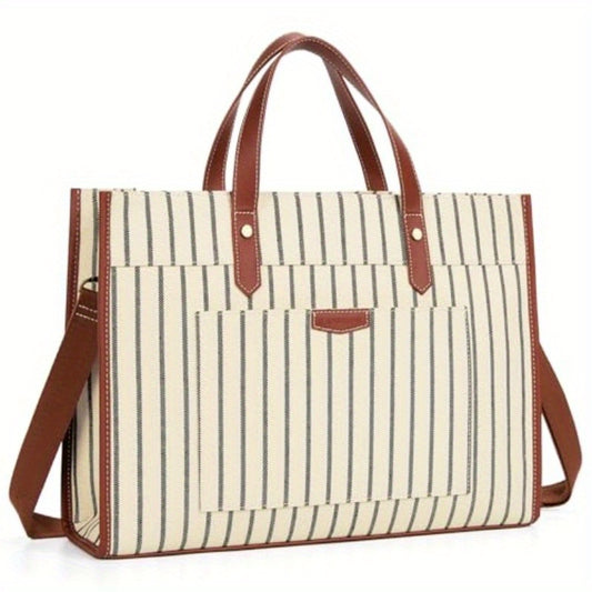 Leather Laptop Tote Bag, Canvas Laptop Bag 15.6 inch Work Shoulder Bags Casual Briefcase Handbag for Travel Office College Stripe