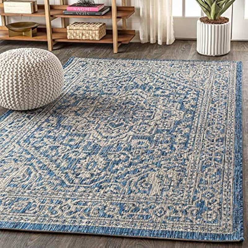Textured Weave Indoor Outdoor Navy Gray 3 ft. x 5 ft. Area Medium Rug Coastal Easy Cleaning For High Traffic Kitchen Living Room Backyard Non Shedding
