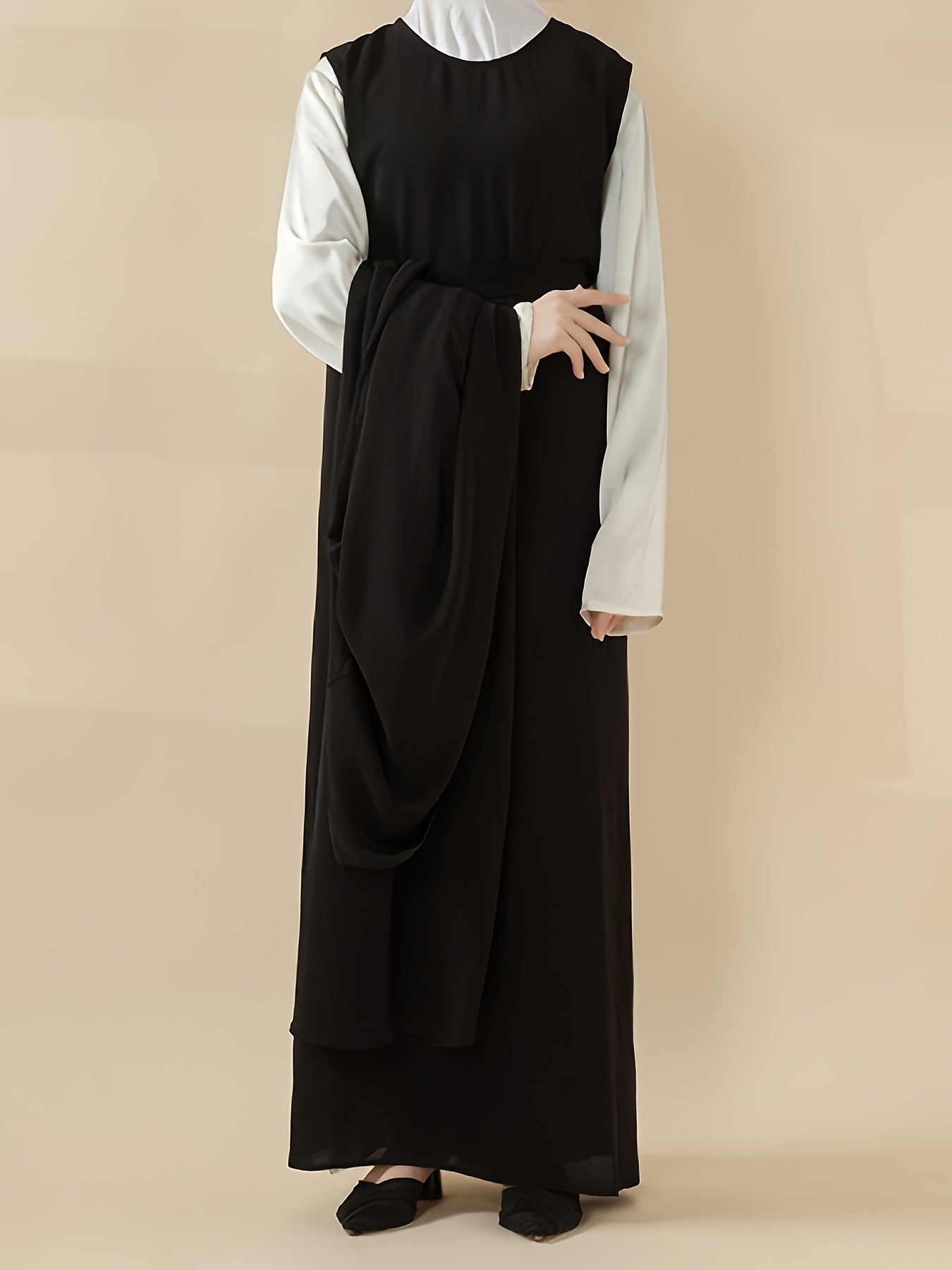 3pcs Elegant Open Arabic Abaya & Pocket Belt Abaya Set - Solid Color, Stretchy Polyester, Breathable for Spring/Summer - Ideal for Ramadan & Muslim Women, Lightweight Islamic Kaftan Dresse