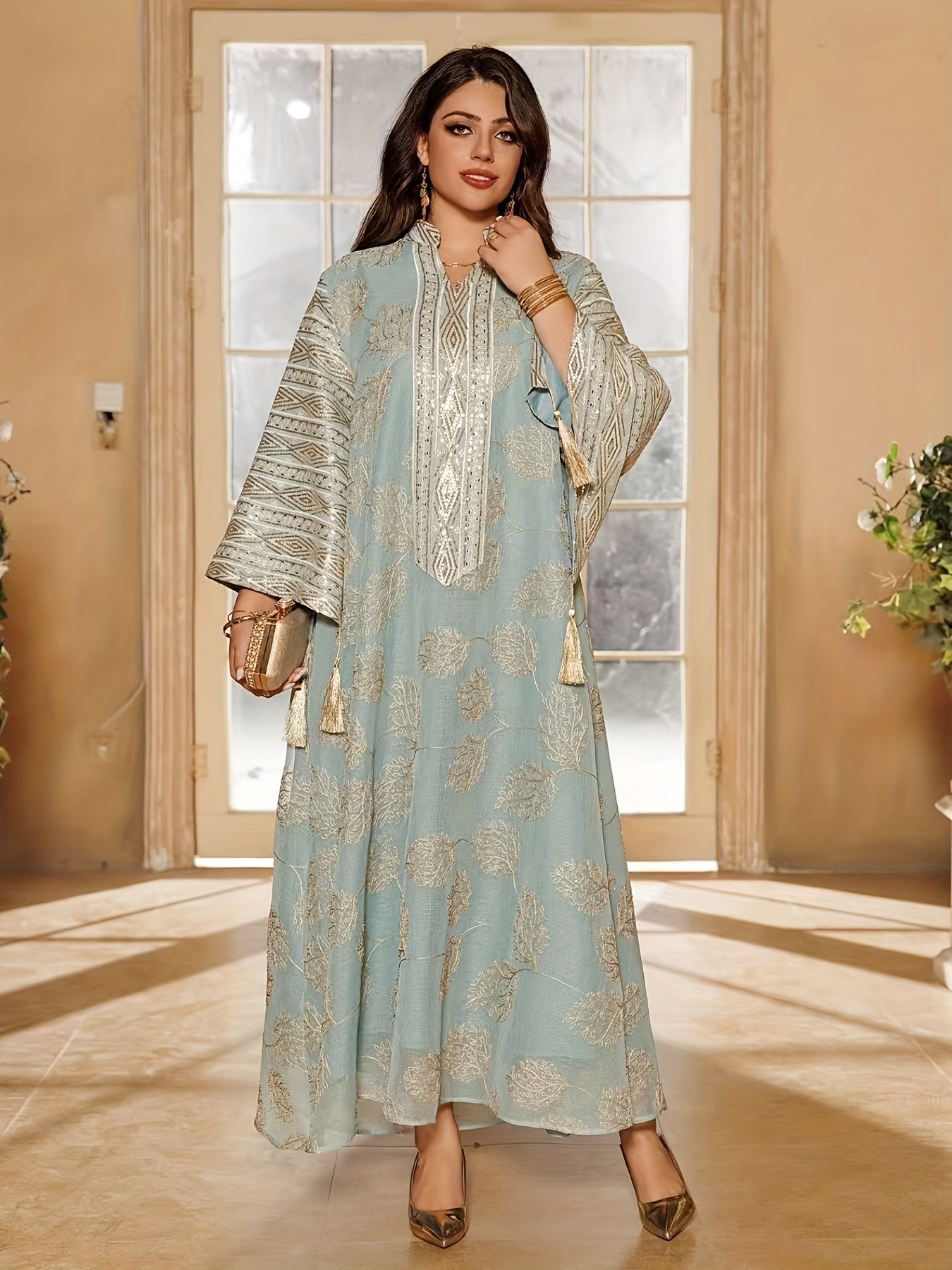 Elegant Blue & Golden Embroidered Abaya for Women - V-Neck, Split Sleeves, Asymmetrical Hem, Floor-Length Traditional Dress with Beaded Detailing, Perfect for Evening Wear, Allseason Abaya|Elegant Embroidery|Asymmetrical Hem