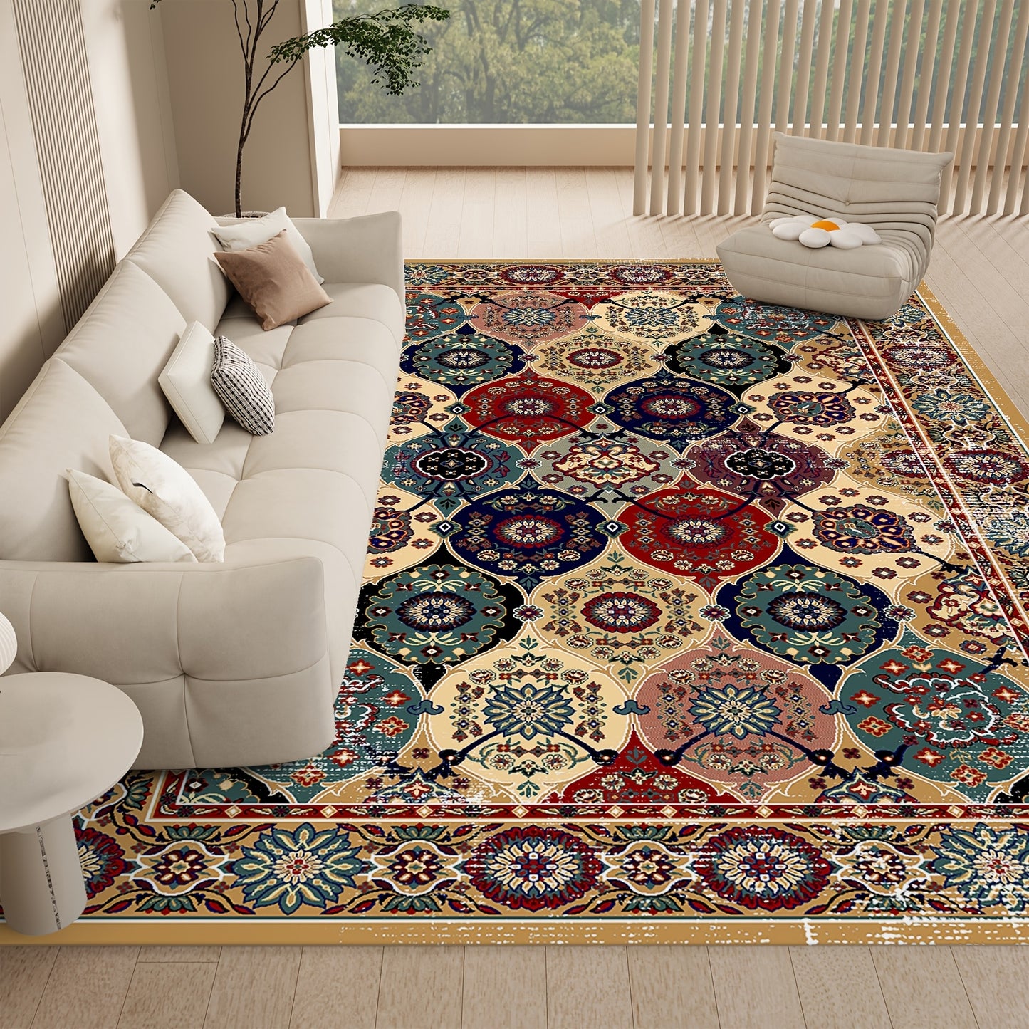 Washable Vintage Medallion Small Mat with Non-Slip Backing Soft and Stain Resistant Non-Shedding Low Plush Floor Mat Pad for Living Room Bedroom Kitchen Home Office