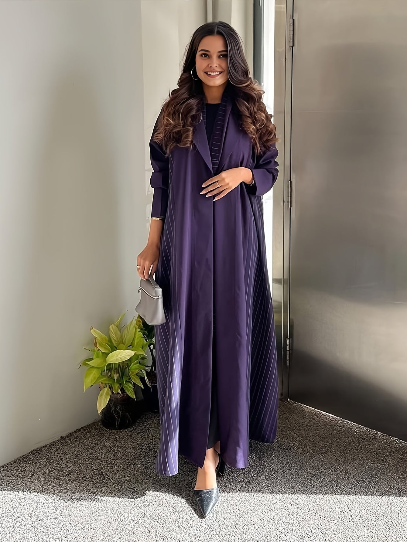 Women's Elegant Striped Purple Abaya Jacket - Long Sleeve Open Front with Lapel Collar, Loose Fit for Casual & Formal Wear, Versatile All-Season Layering Piece, Cultural Fashion, Sophisticated Design