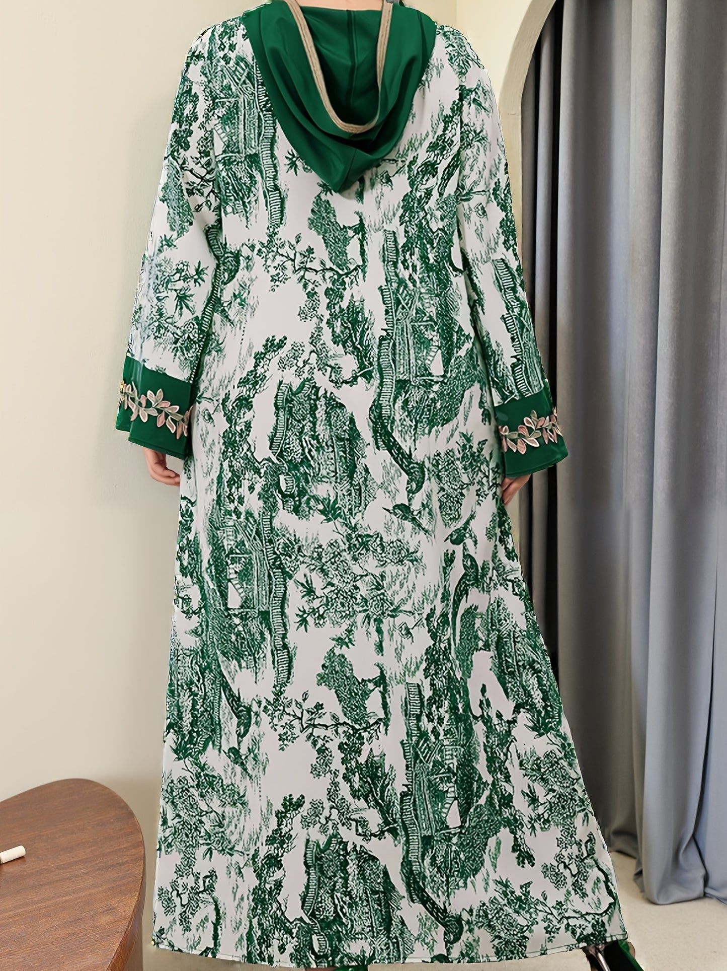 Plus Size, 2025 new landscape print decoration three-dimensional lace Middle Eastern hooded long loose large size Palestinian Abaya