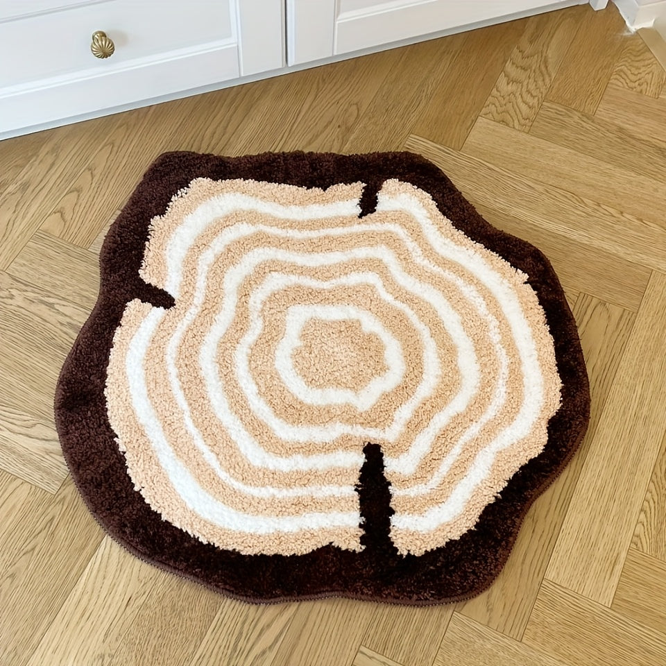 Plush Tufted Area Mat - Thick & Soft Non-Slip TPR Backing, Brown Tree Stump Design with White & Beige Patterns, Unique Circular Shape, Machine Washable for Bedroom, Living Room, Rugs for Bathroom